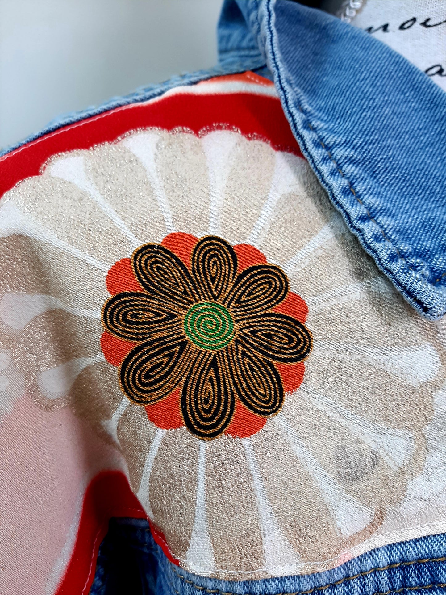 Upcycled Denim jacket with vintage kimono fabrics