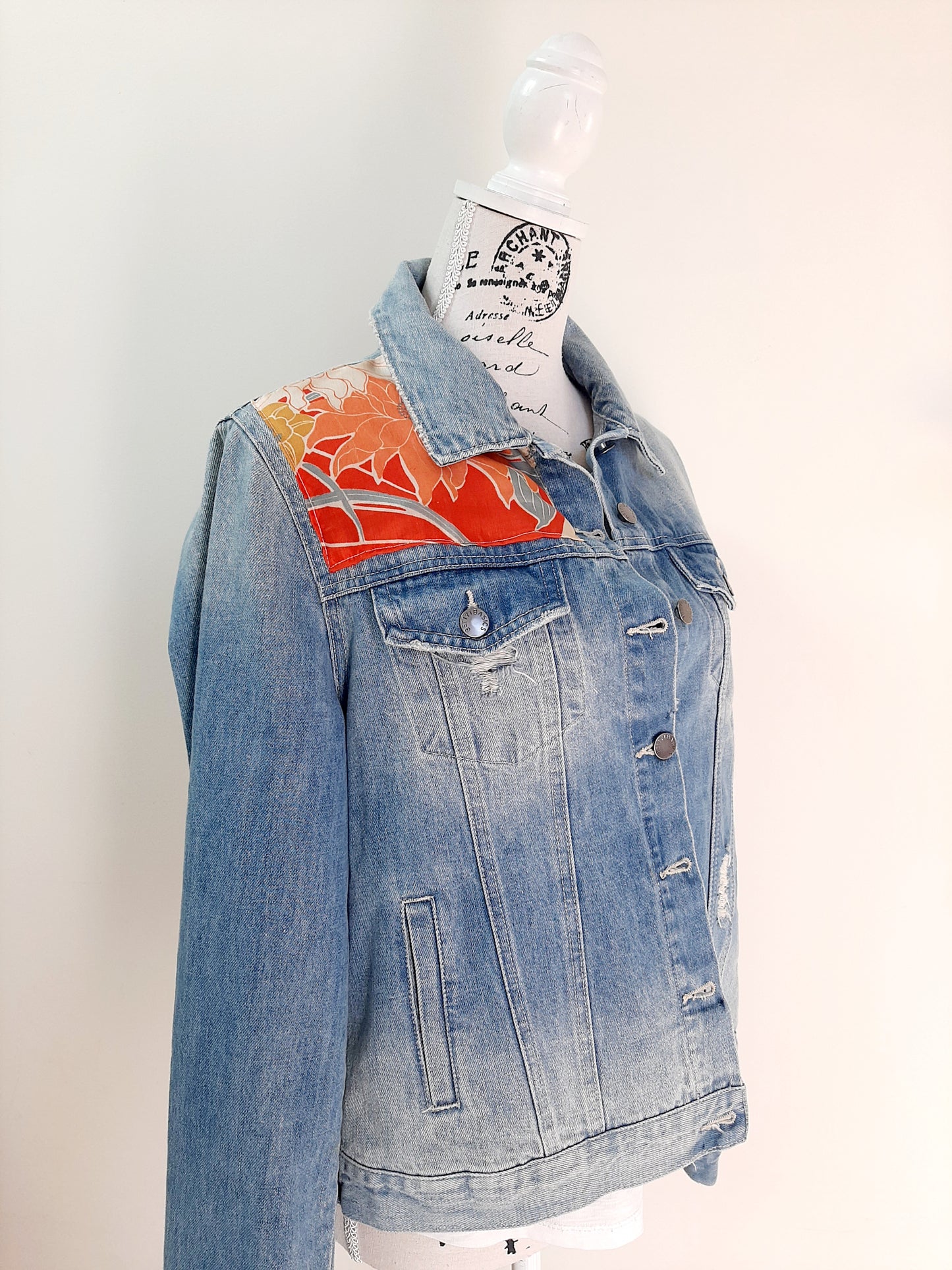 Upcycled Denim jacket with vintage kimono fabrics