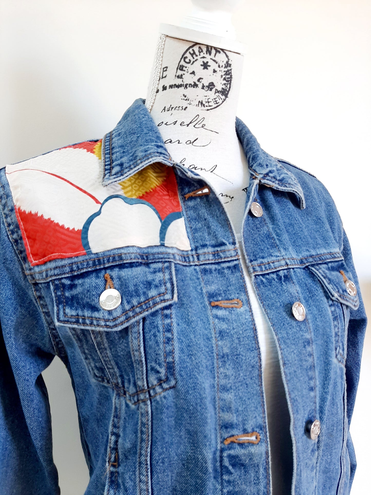 Upcycled Denim jacket with vintage kimono fabrics