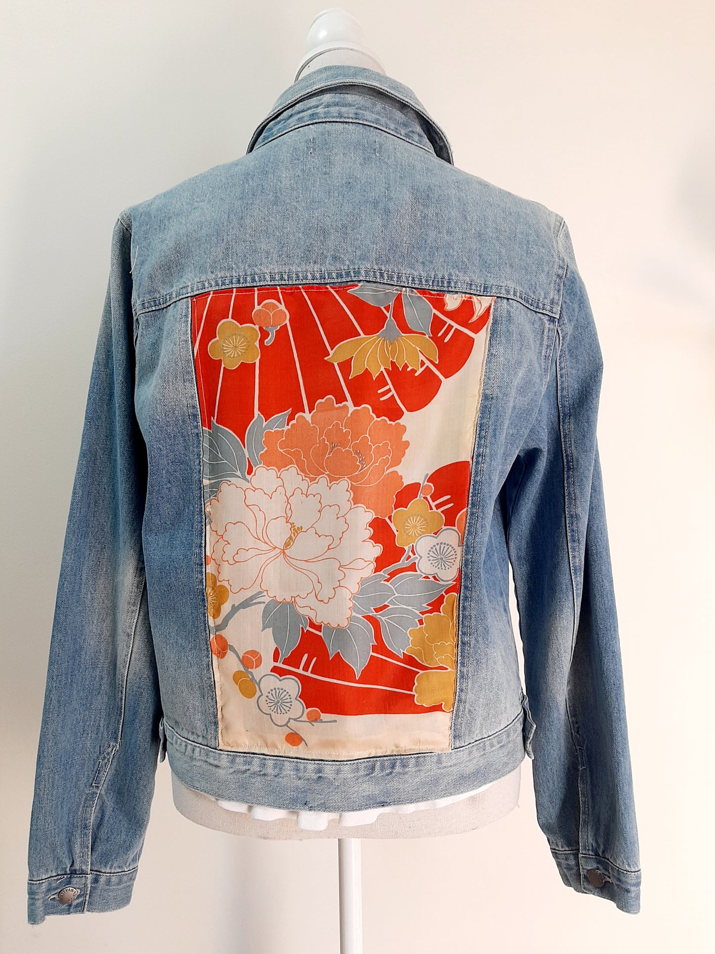 Upcycled Denim jacket with vintage kimono fabrics