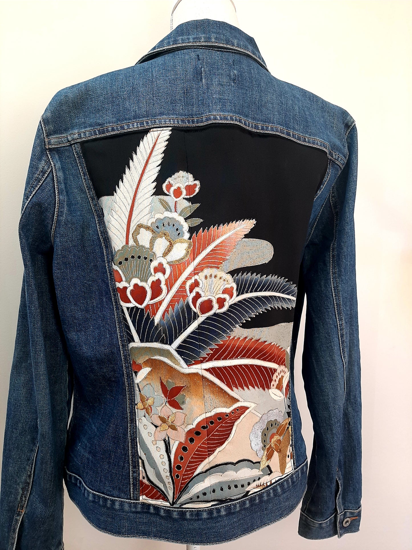 Upcycled Denim jacket with vintage kimono fabrics