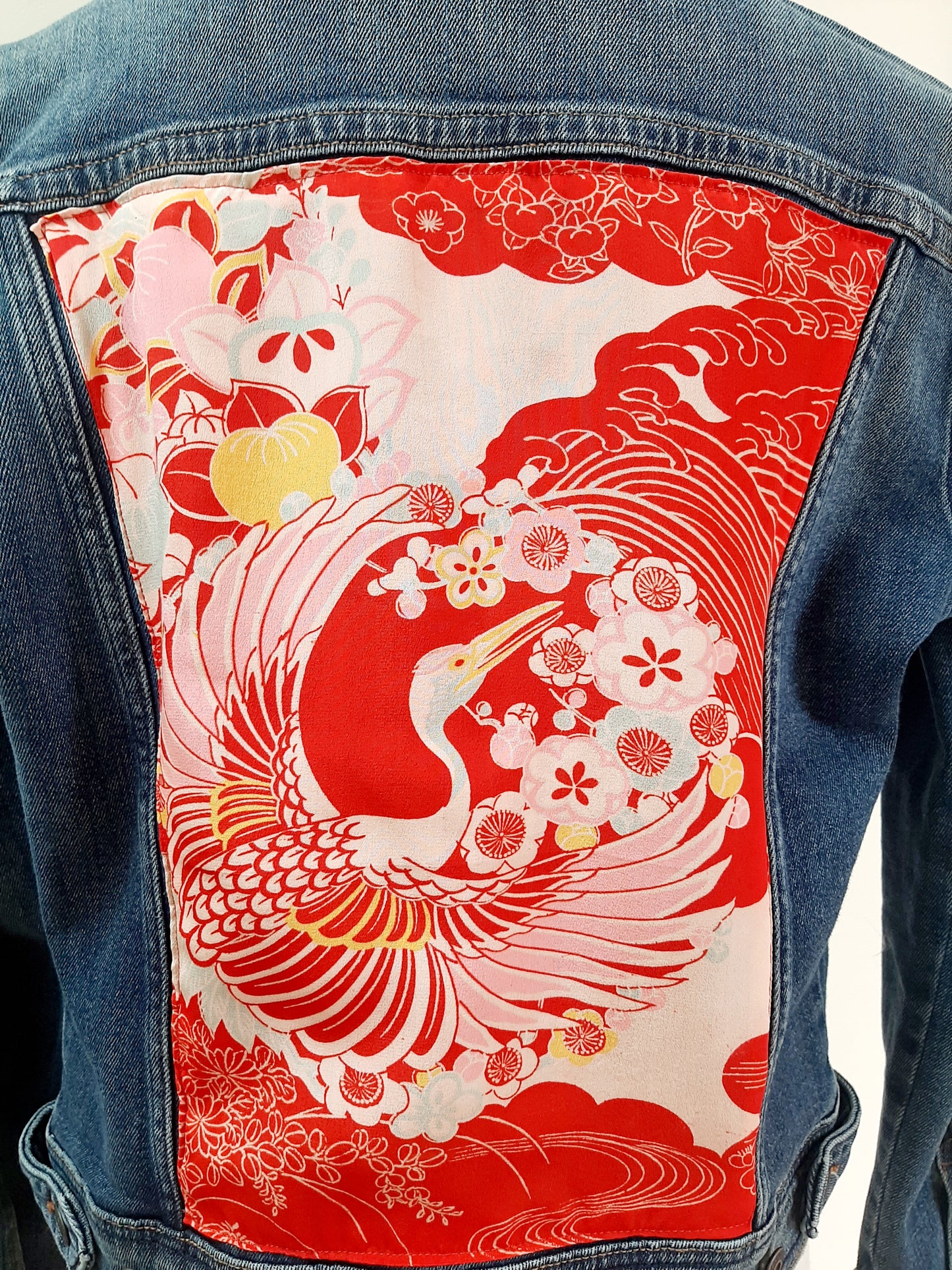 Upcycled Denim jacket with vintage kimono fabrics