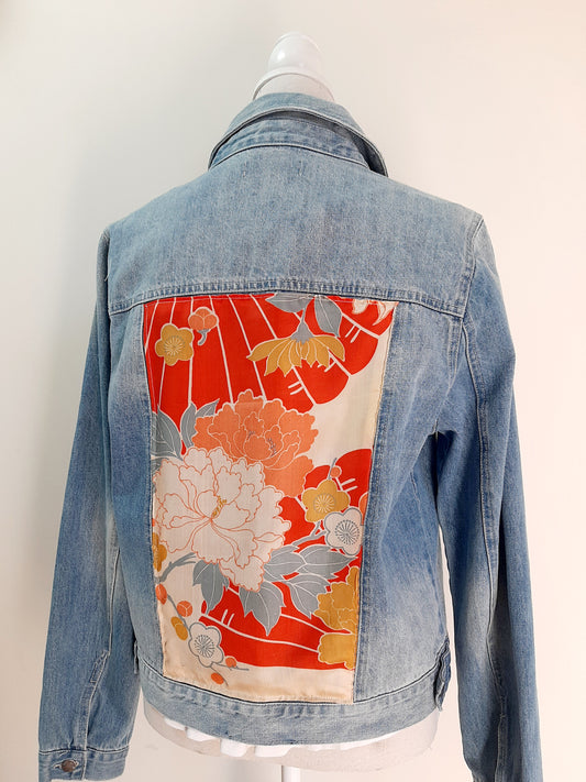 Upcycled Denim jacket with vintage kimono fabrics