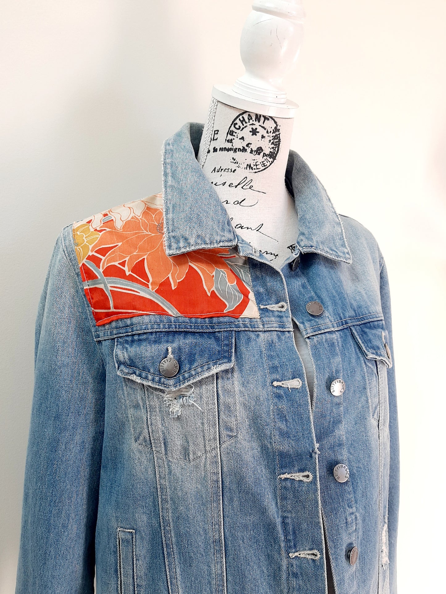 Upcycled Denim jacket with vintage kimono fabrics