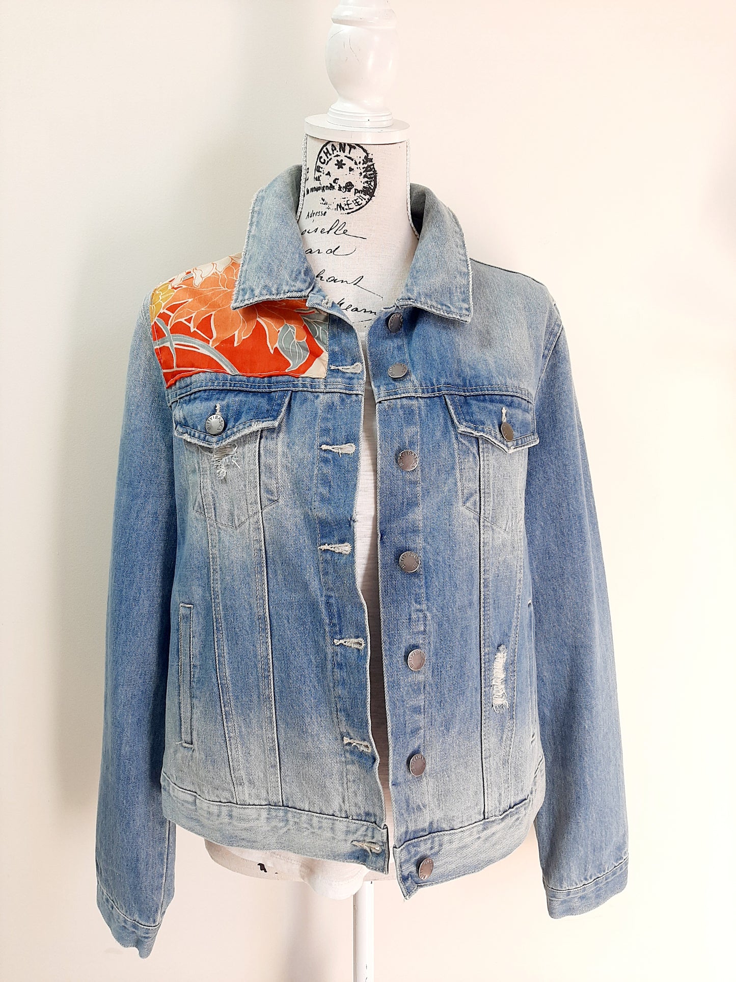 Upcycled Denim jacket with vintage kimono fabrics