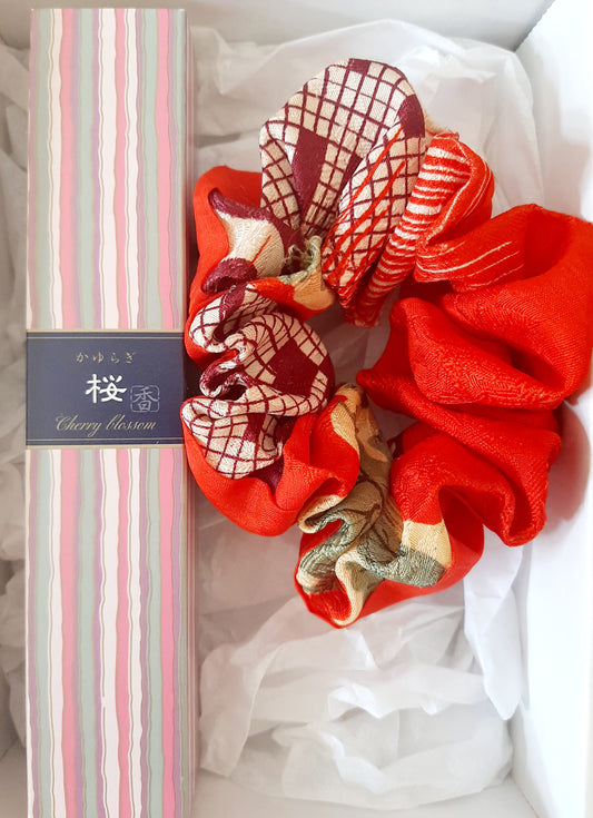 GIFT SET Japanese incense sticks- Cherryblossom & vintage kimono silk scrunchie