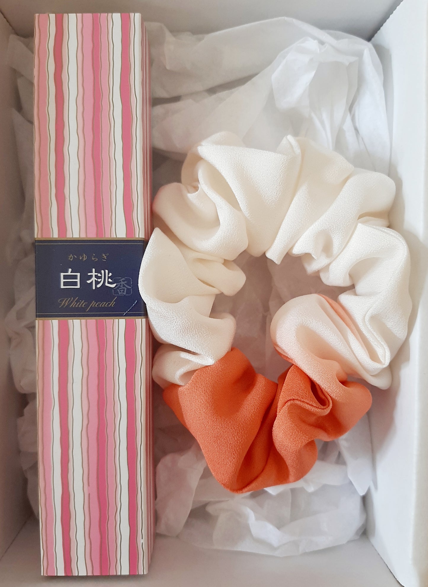 GIFT SET Japanese incense sticks- White peach & vintage kimono silk scrunchie