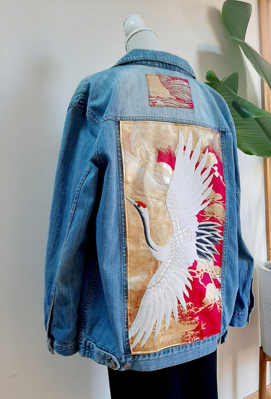 Upcycled Denim jacket with vintage kimono fabrics