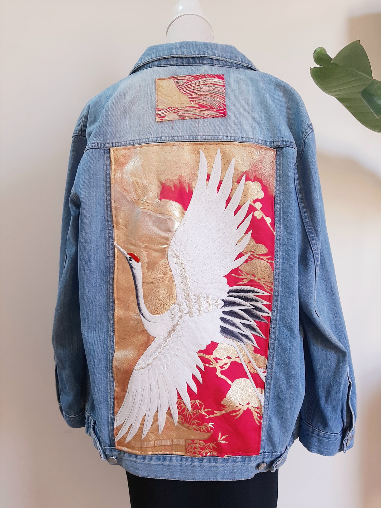 Upcycled Denim jacket with vintage kimono fabrics