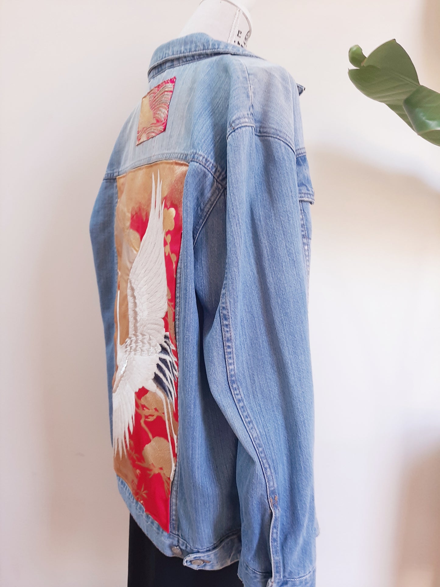 Upcycled Denim jacket with vintage kimono fabrics