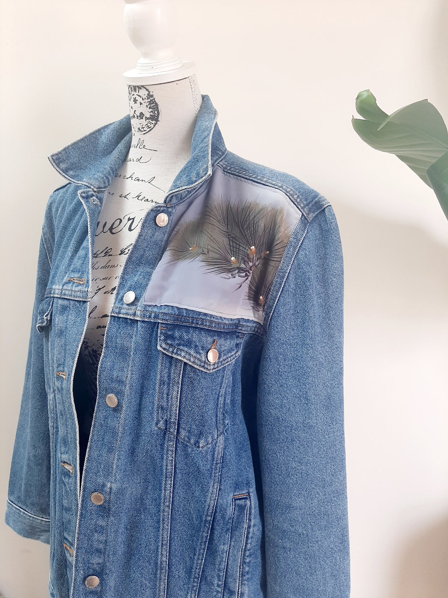 Upcycled Denim jacket with vintage kimono fabrics