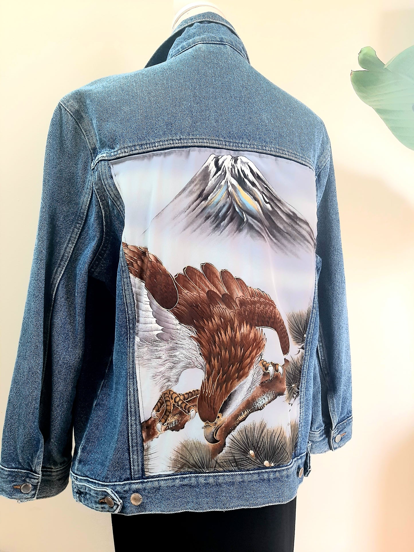 Upcycled Denim jacket with vintage kimono fabrics