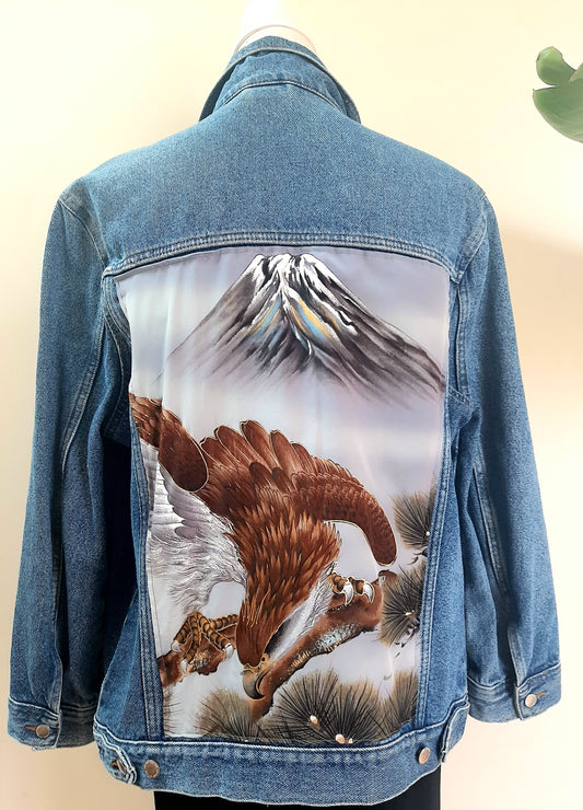 Upcycled Denim jacket with vintage kimono fabrics