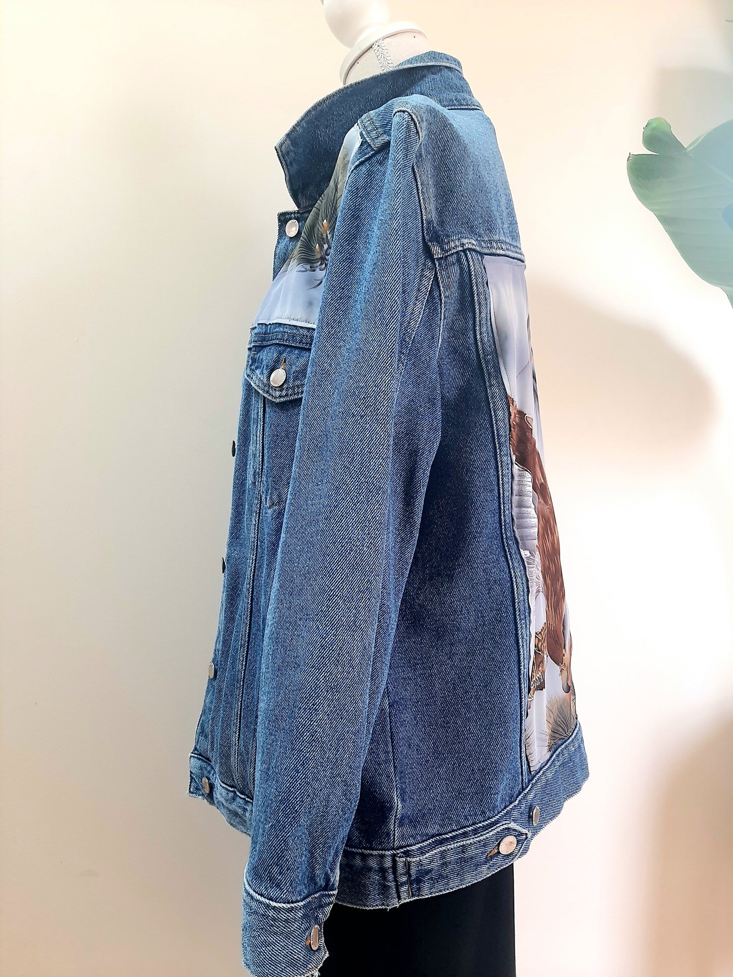 Upcycled Denim jacket with vintage kimono fabrics