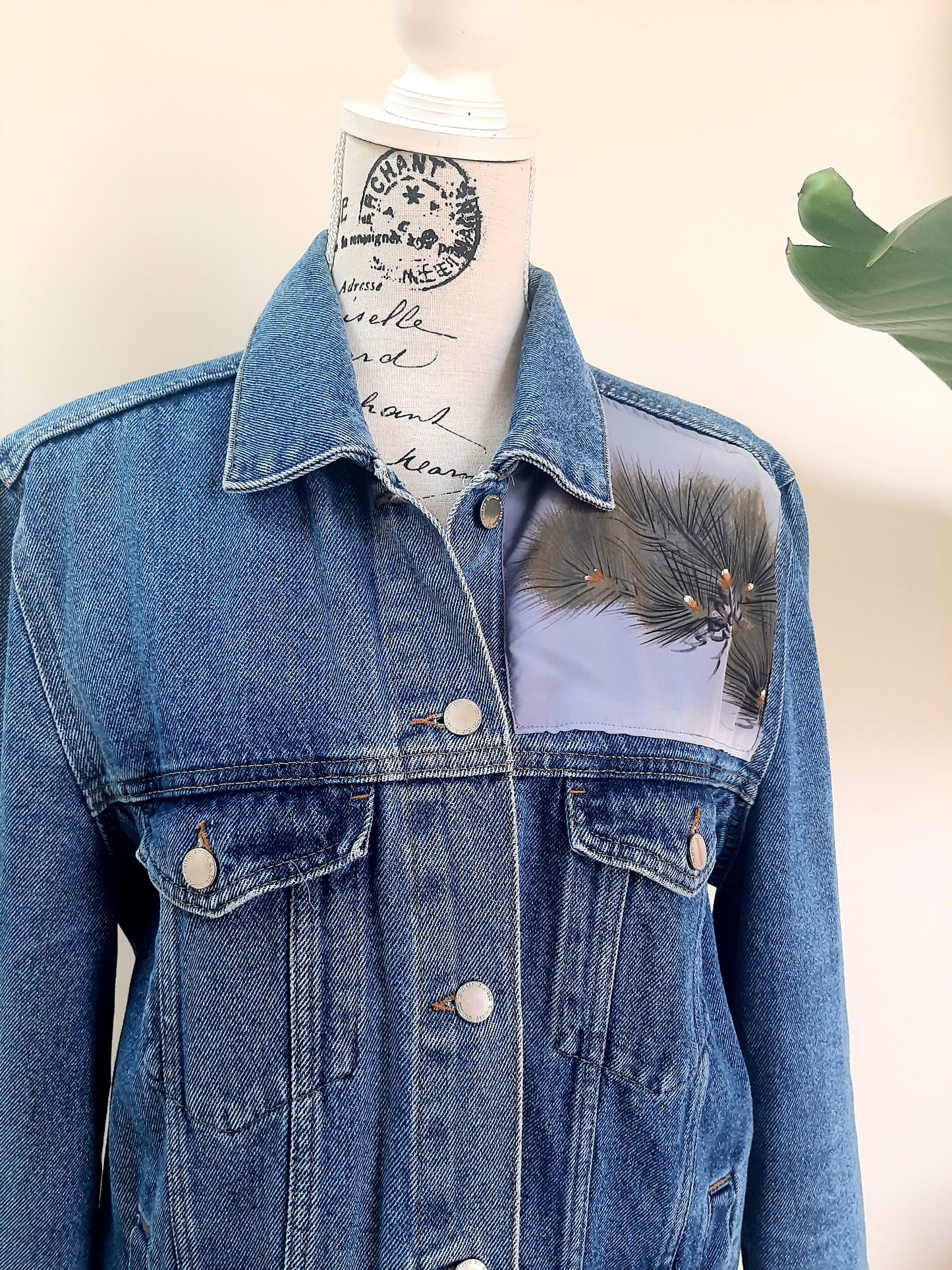 Upcycled Denim jacket with vintage kimono fabrics