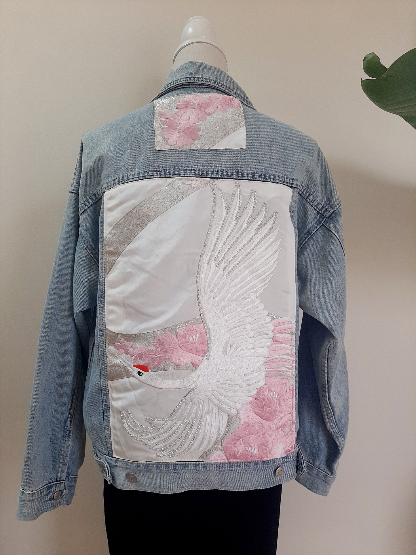 Upcycled Denim jacket with vintage kimono fabrics