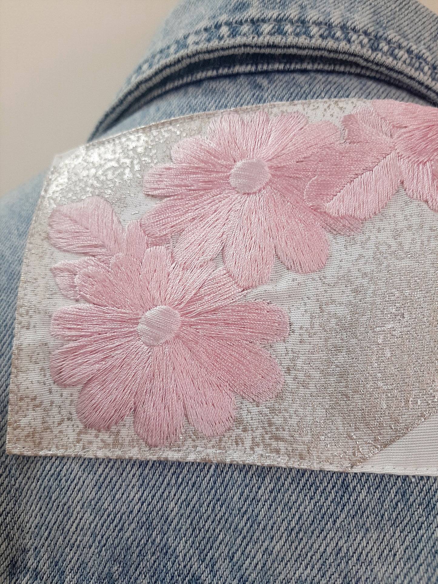 Upcycled Denim jacket with vintage kimono fabrics