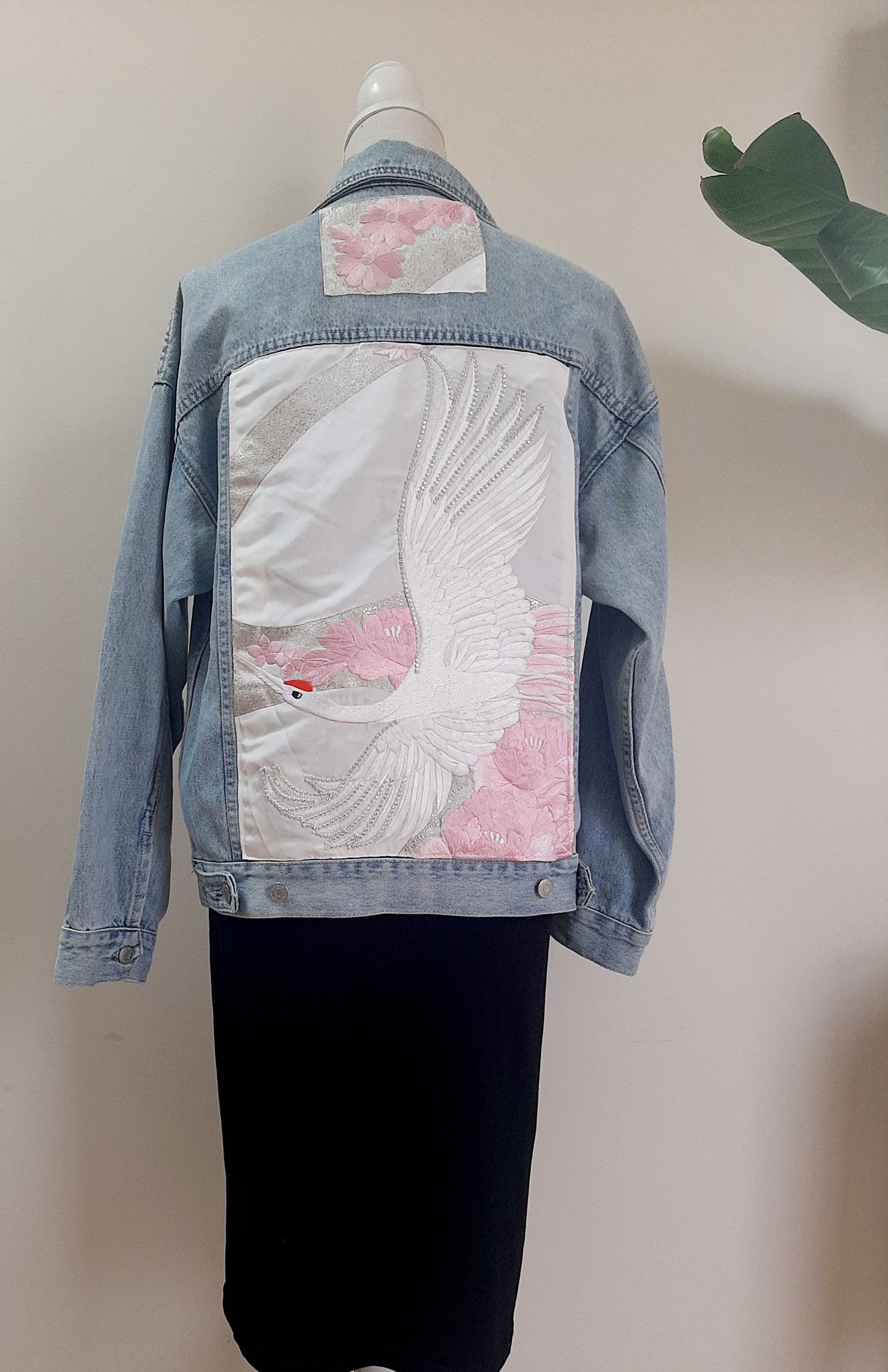 Upcycled Denim jacket with vintage kimono fabrics