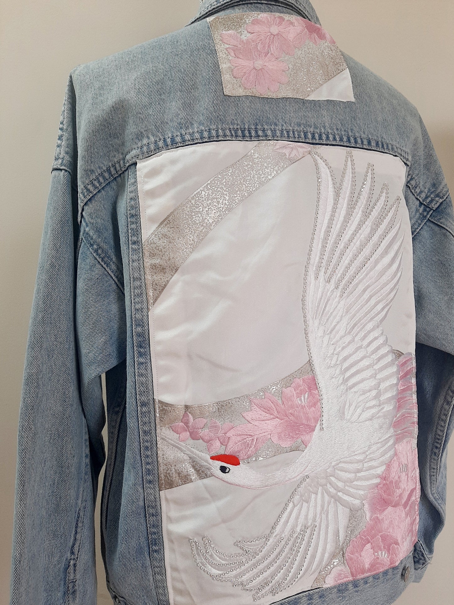 Upcycled Denim jacket with vintage kimono fabrics