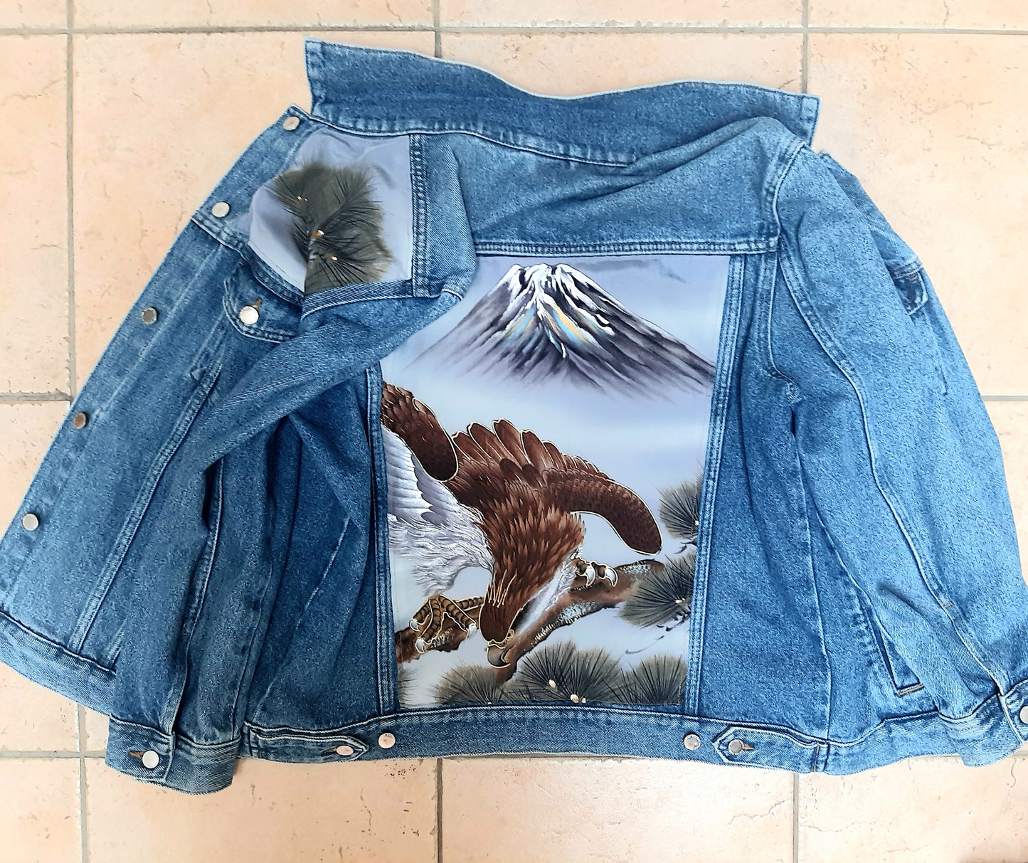 Upcycled Denim jacket with vintage kimono fabrics