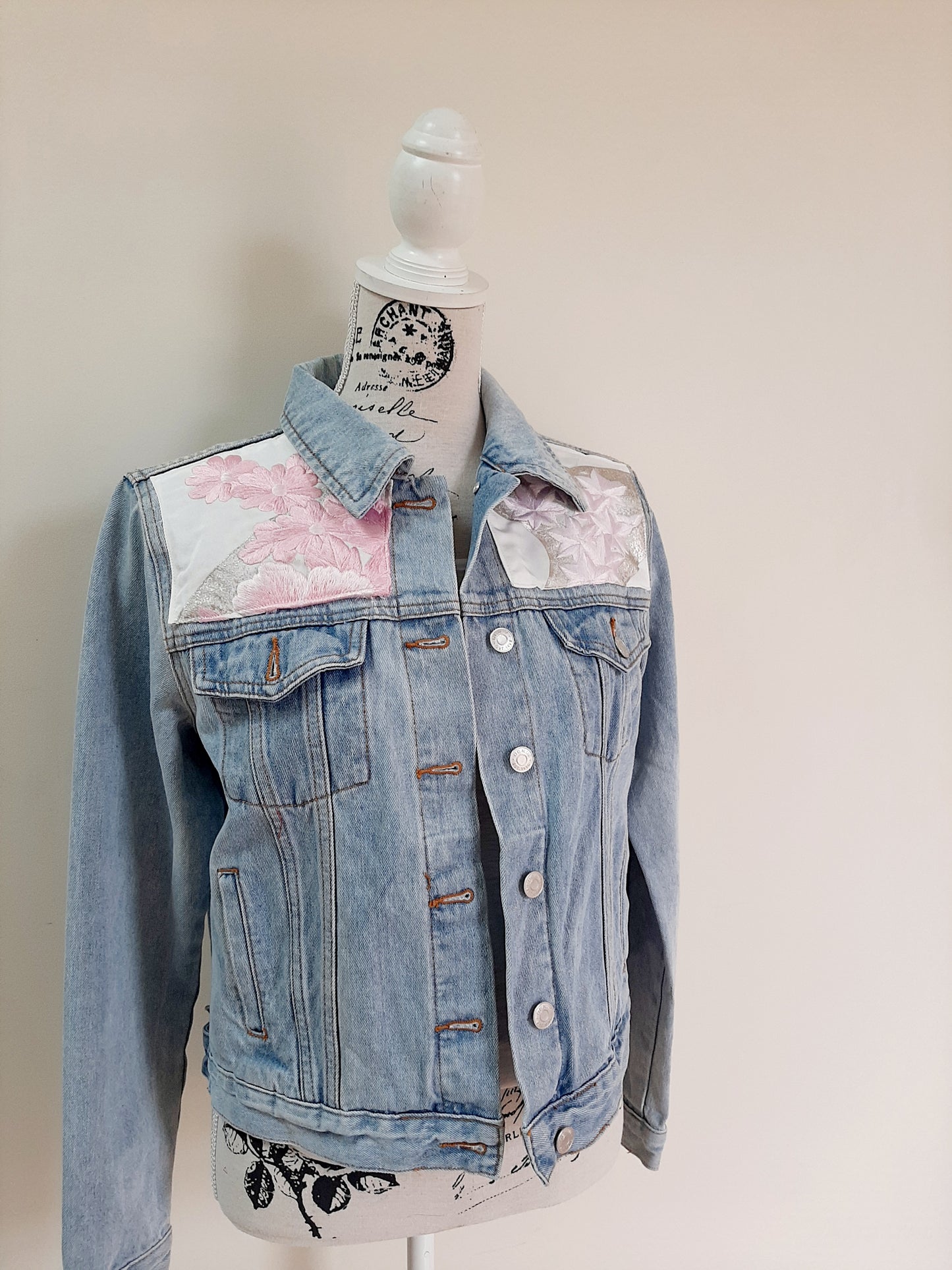 Upcycled Denim jacket with vintage kimono fabrics