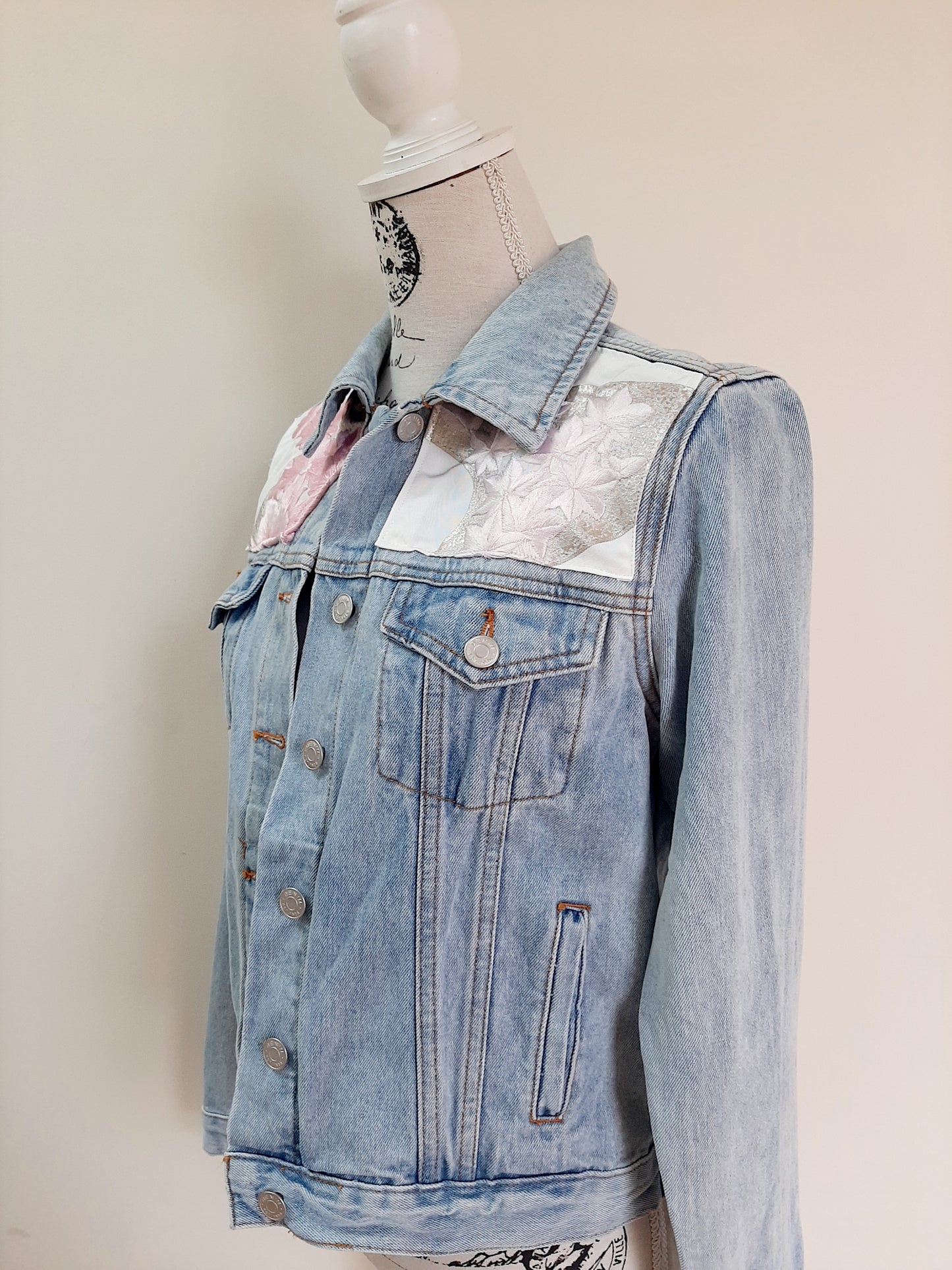 Upcycled Denim jacket with vintage kimono fabrics