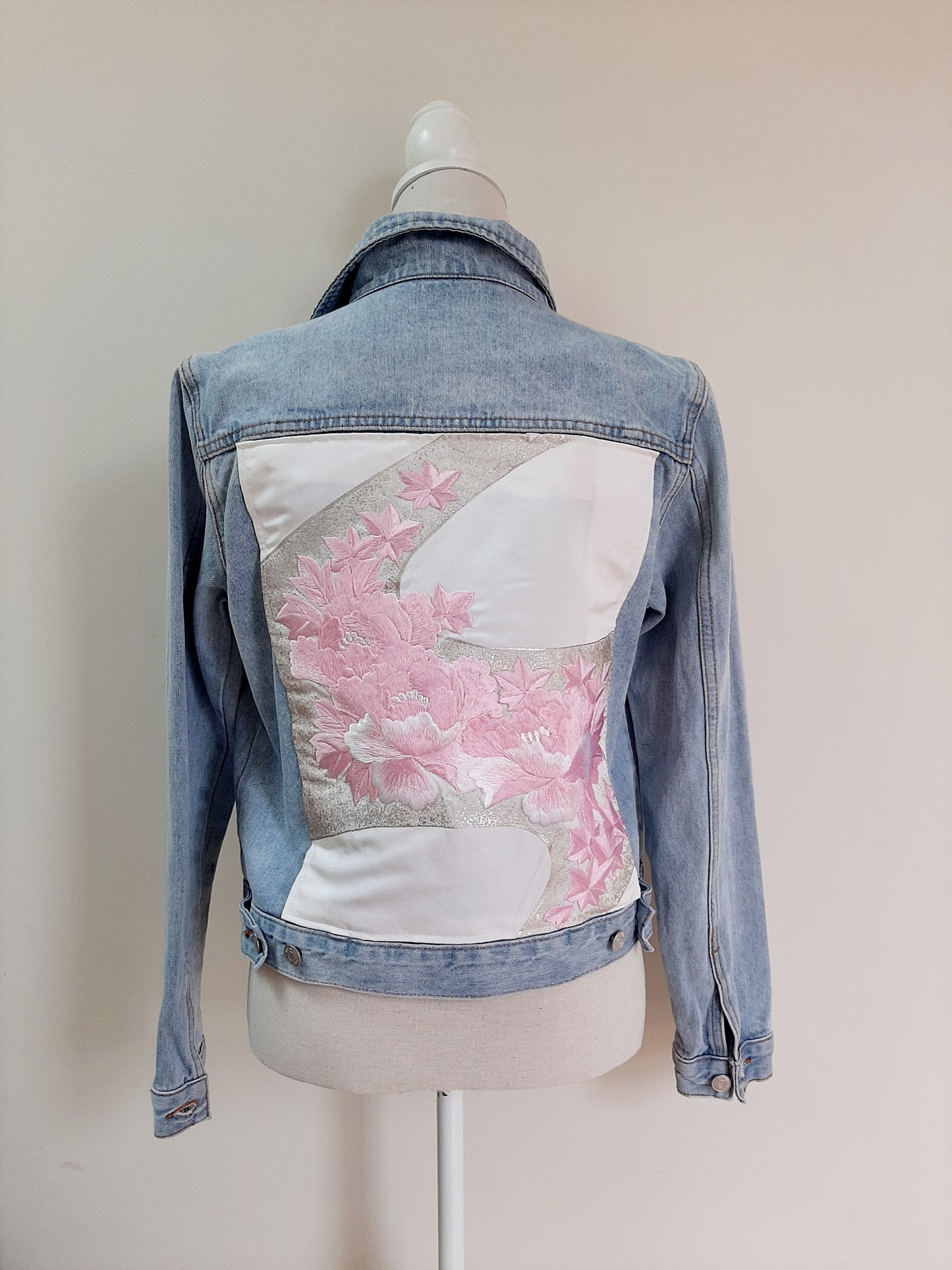 Upcycled Denim jacket with vintage kimono fabrics