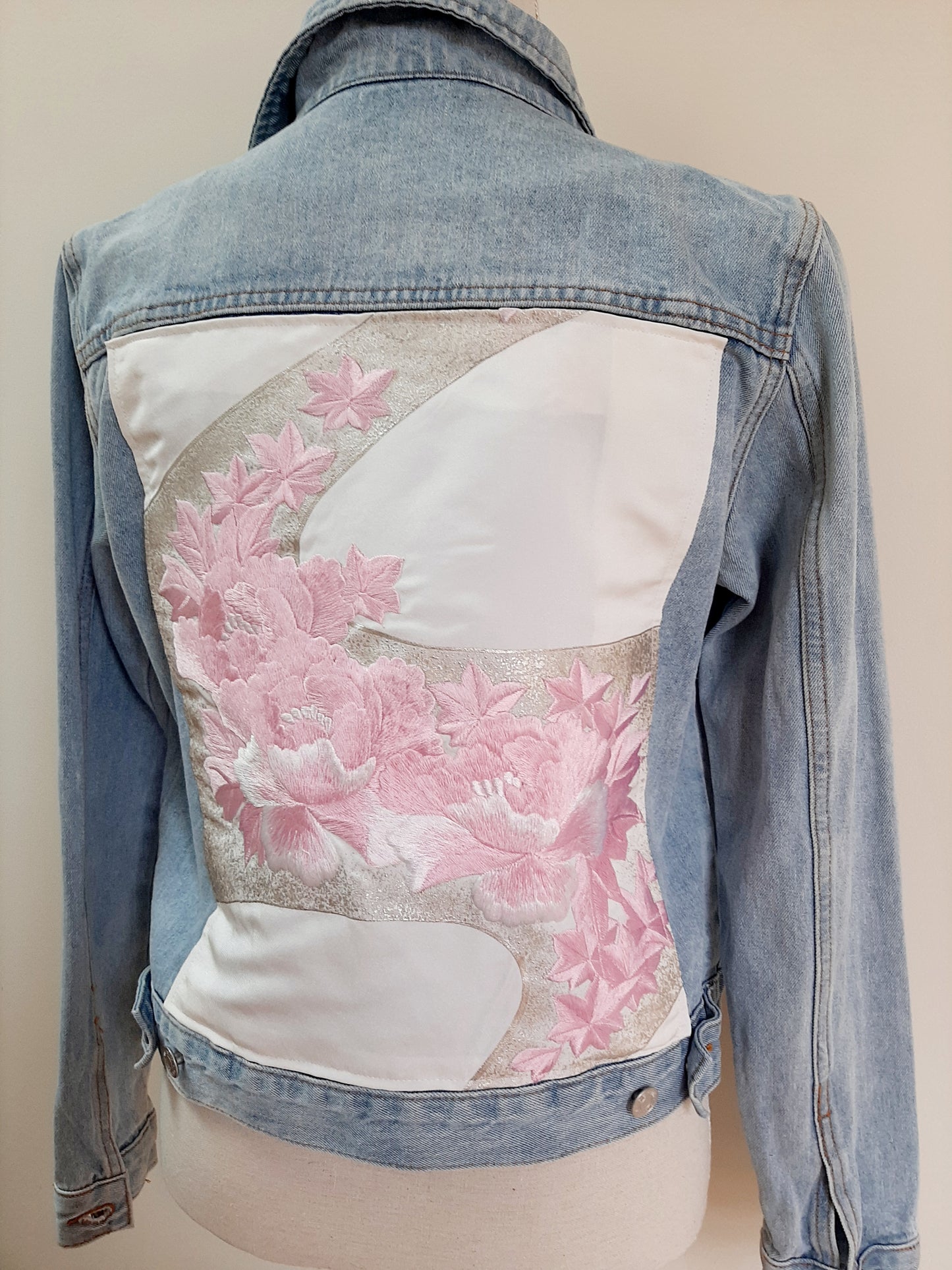 Upcycled Denim jacket with vintage kimono fabrics