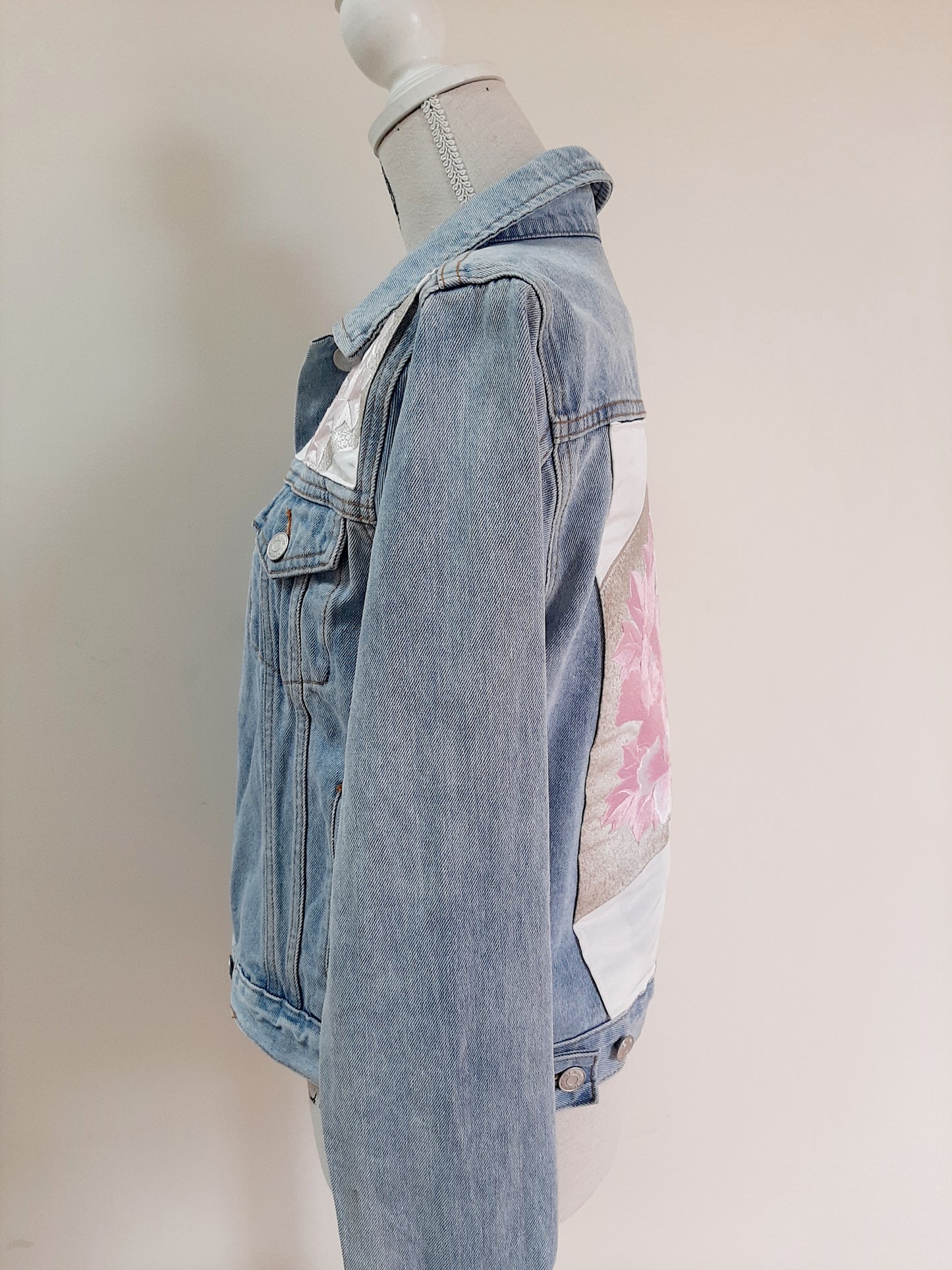 Upcycled Denim jacket with vintage kimono fabrics