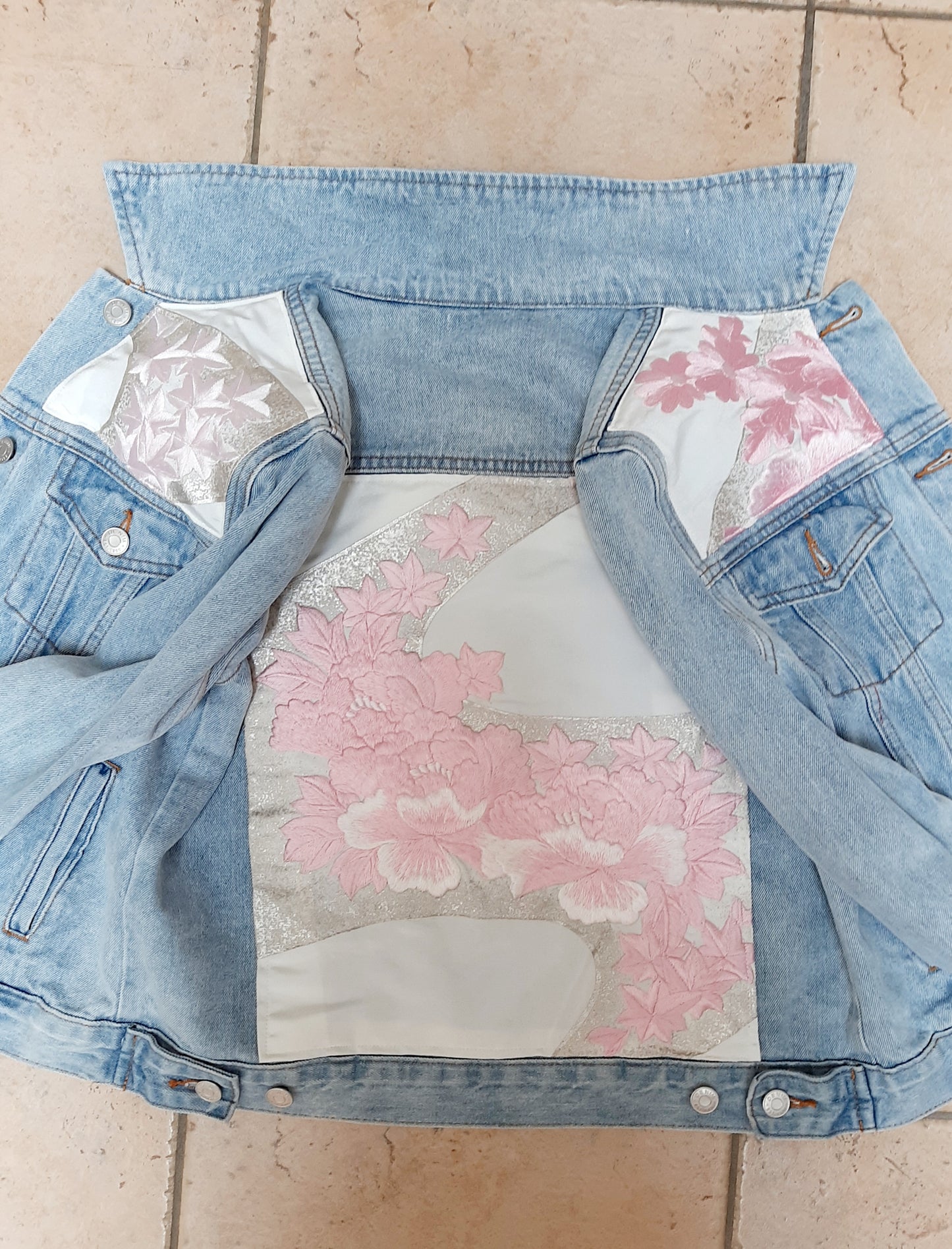 Upcycled Denim jacket with vintage kimono fabrics