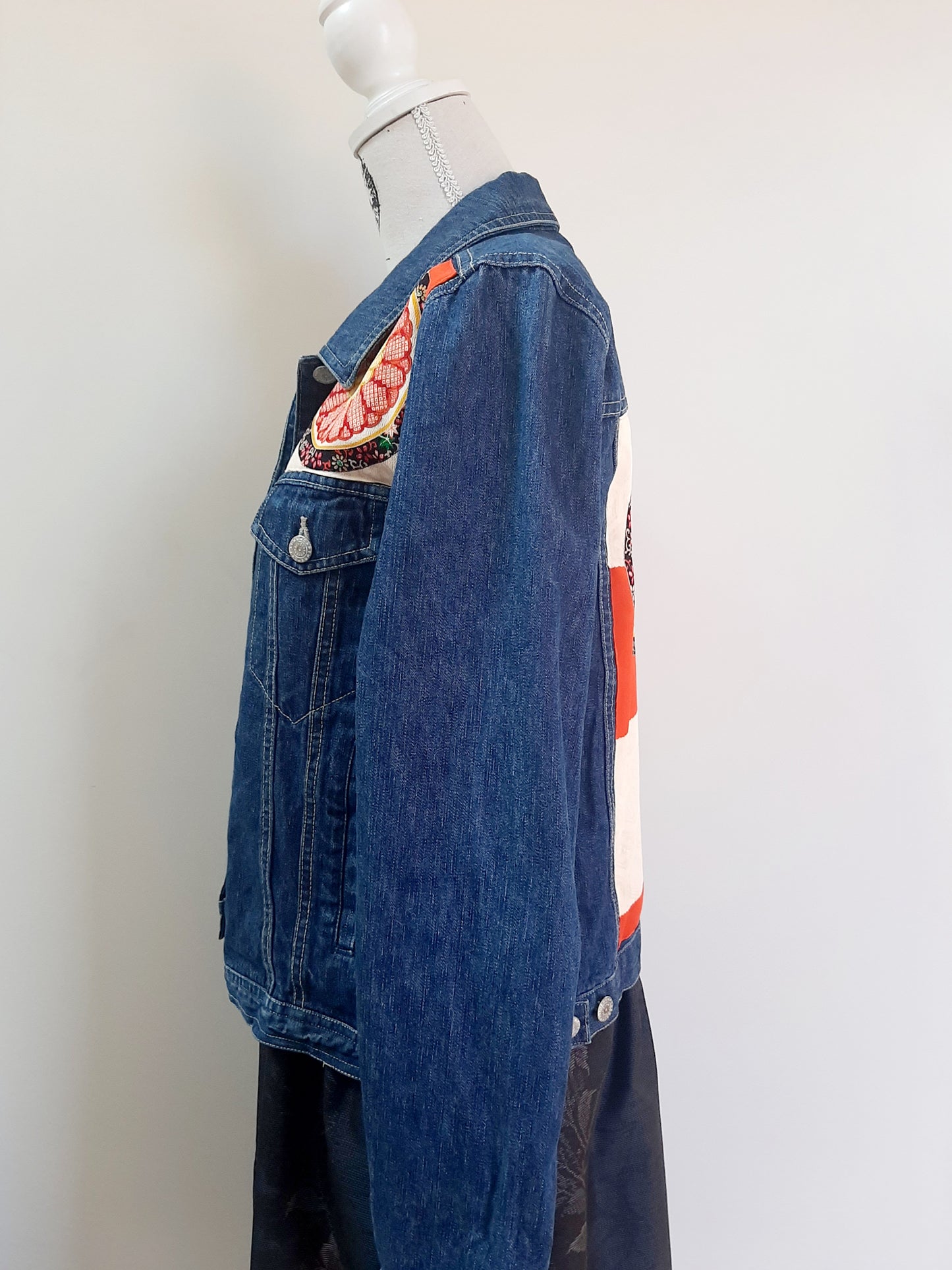 Upcycled Denim jacket with vintage kimono fabrics