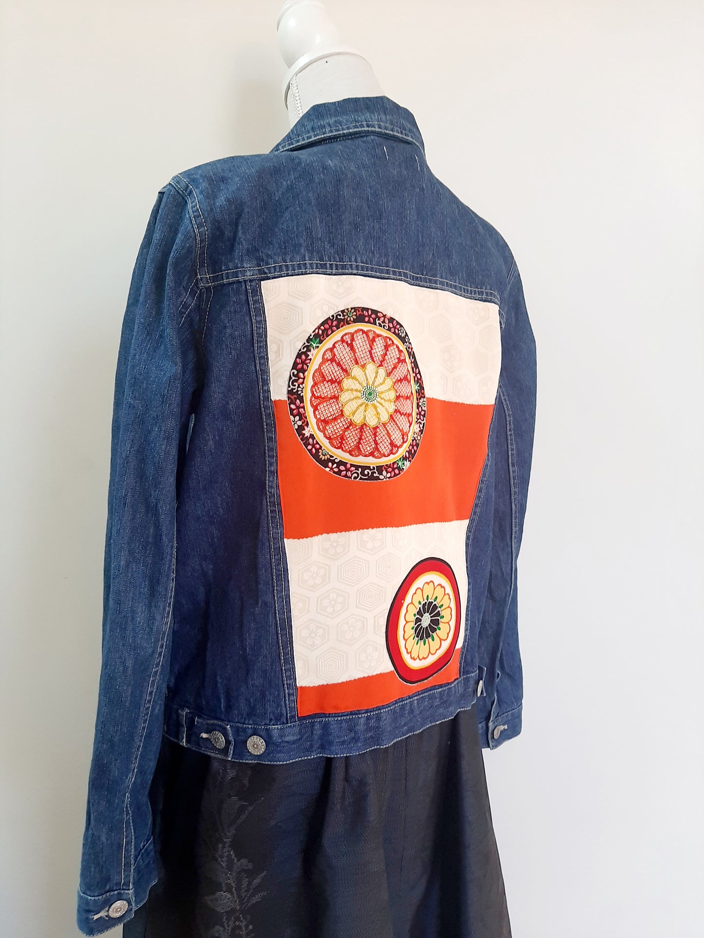 Upcycled Denim jacket with vintage kimono fabrics