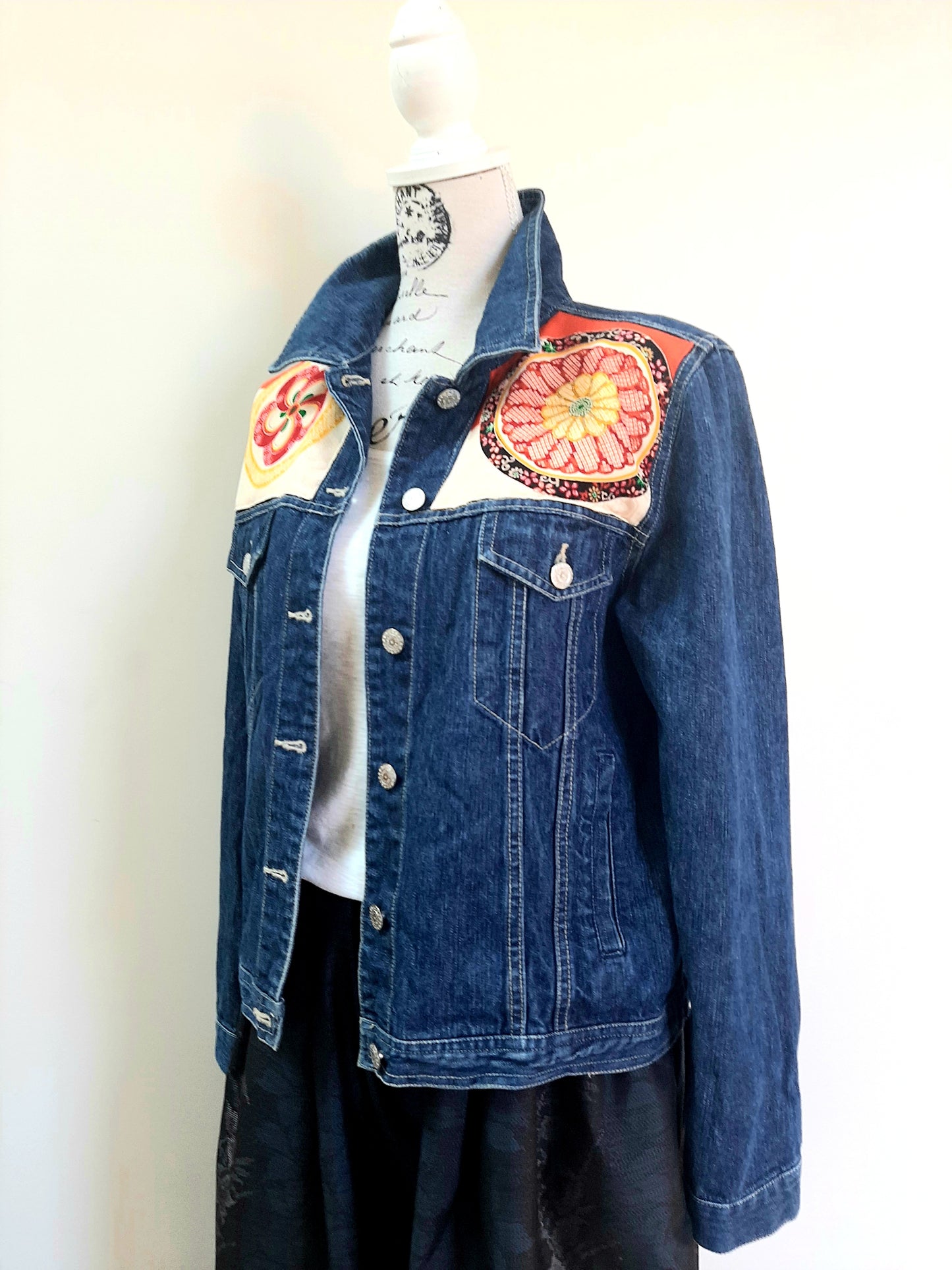 Upcycled Denim jacket with vintage kimono fabrics