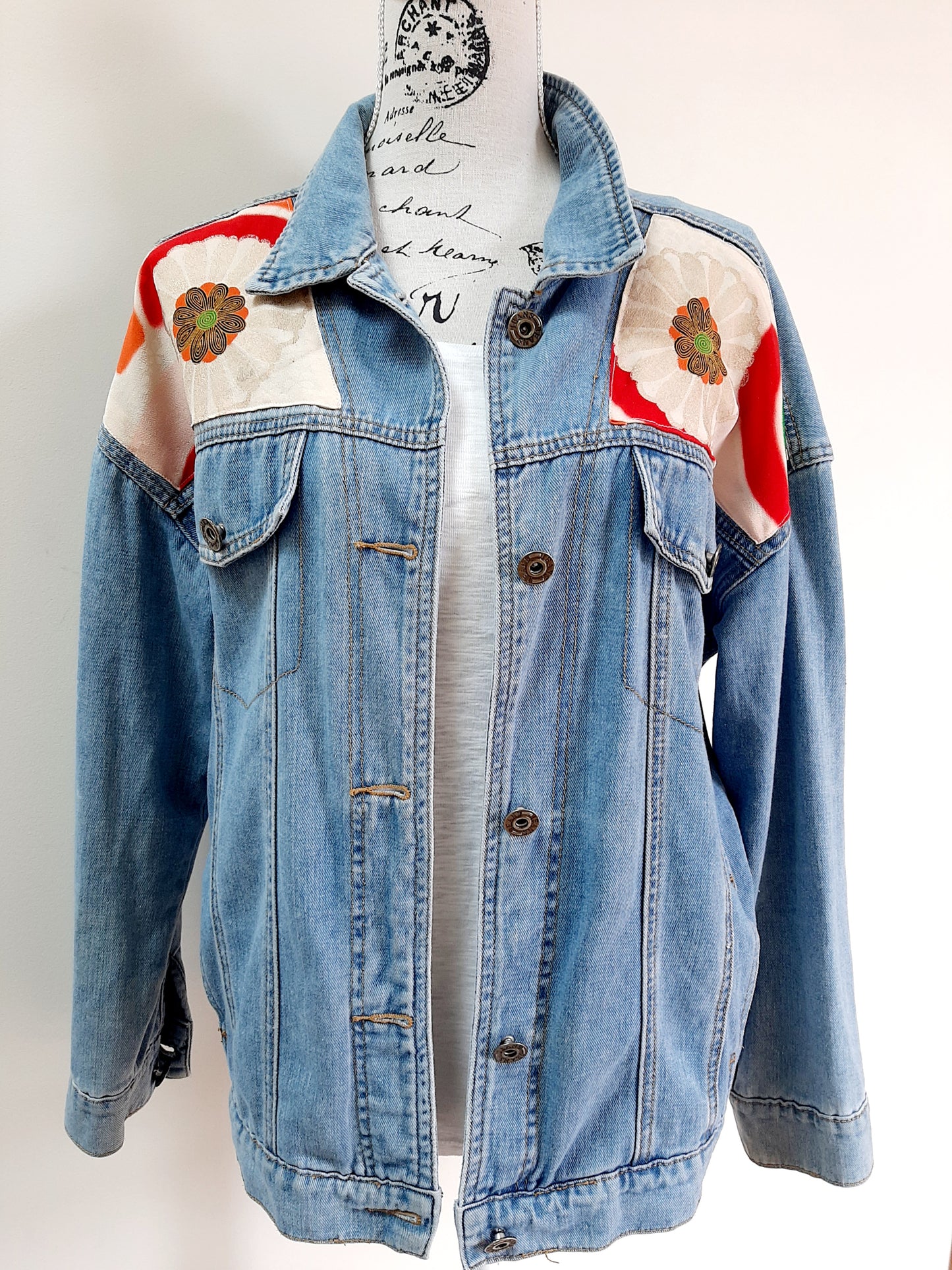 Upcycled Denim jacket with vintage kimono fabrics