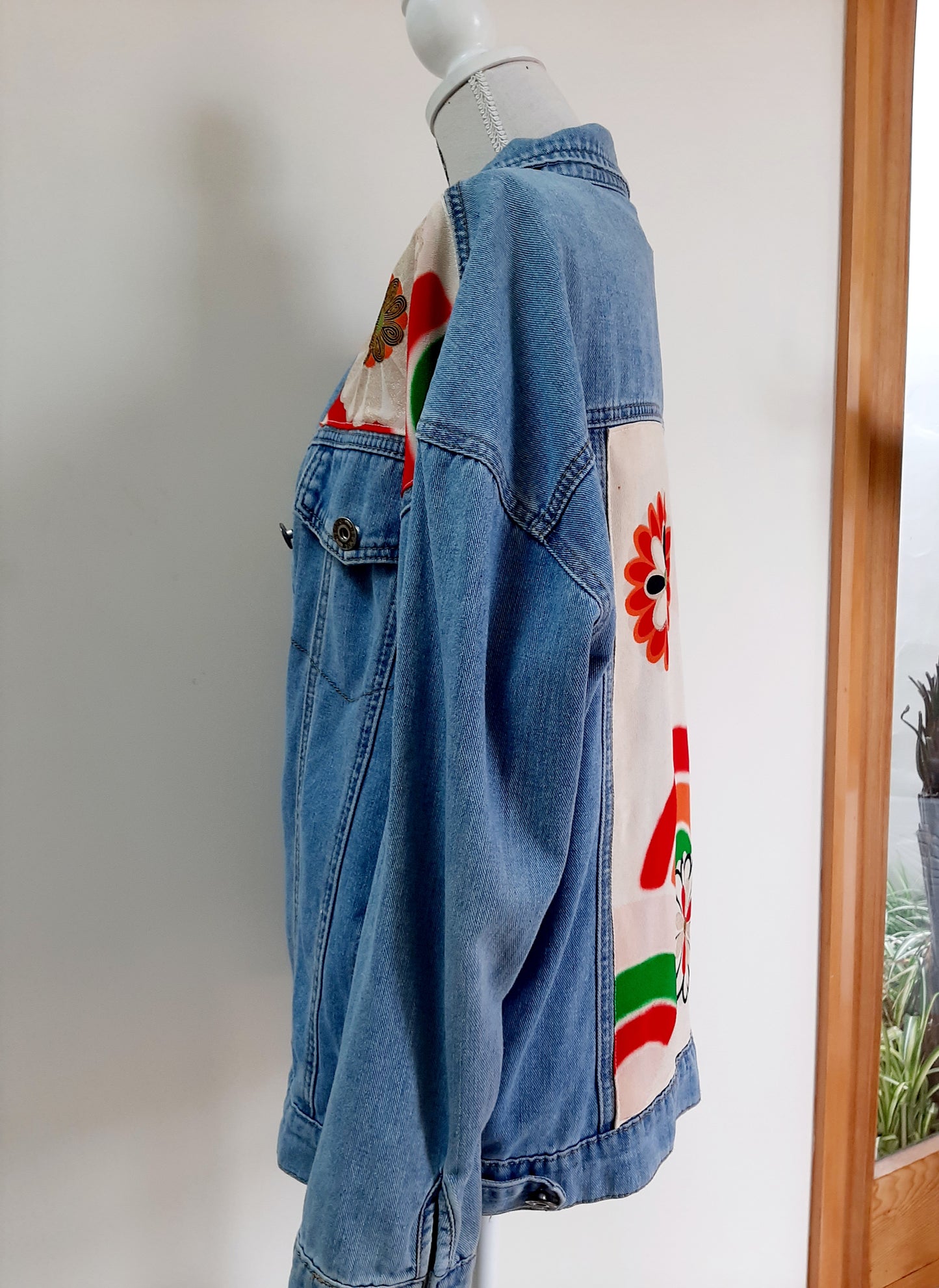Upcycled Denim jacket with vintage kimono fabrics