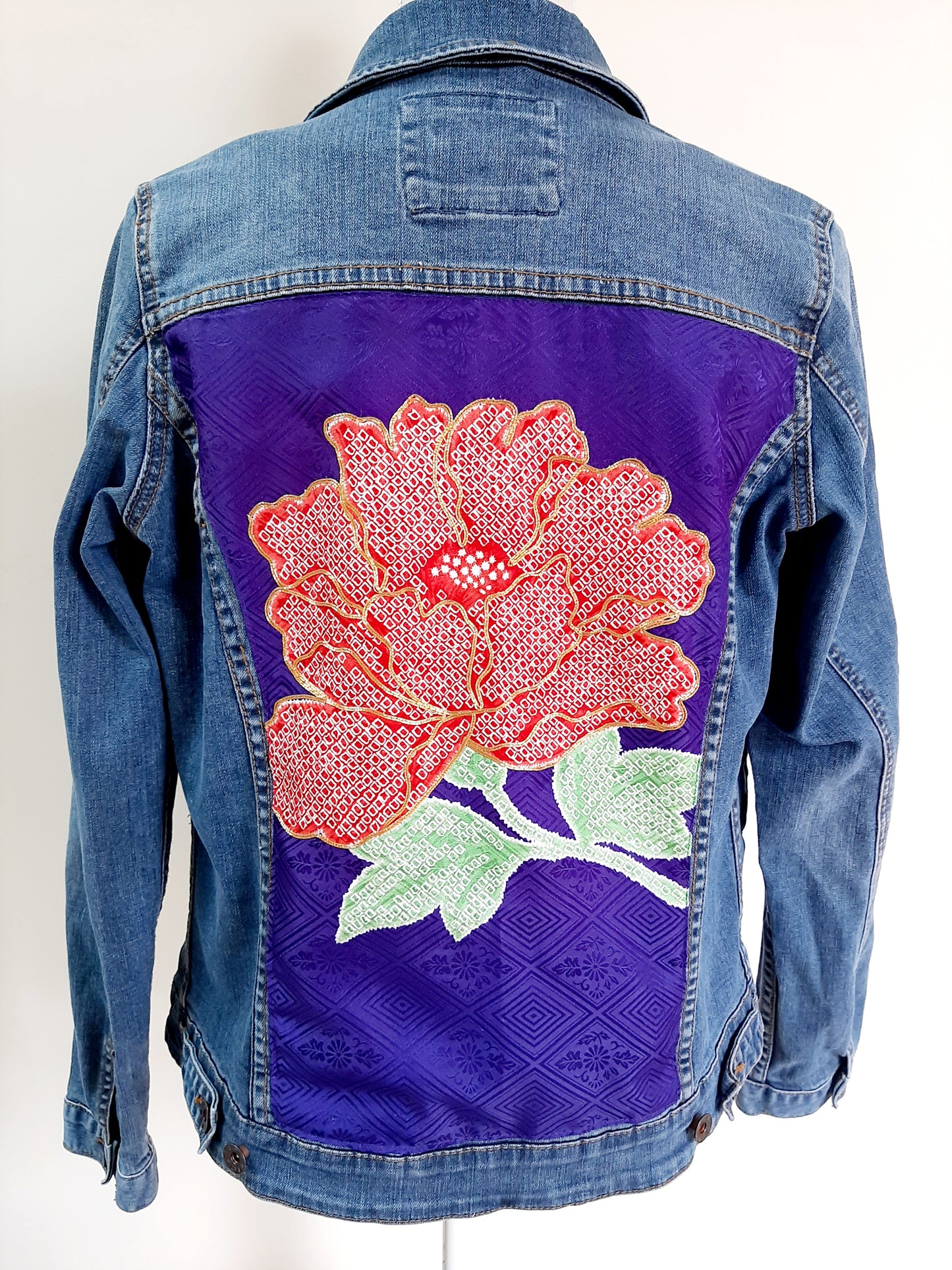 Upcycled Denim jacket with vintage kimono fabrics