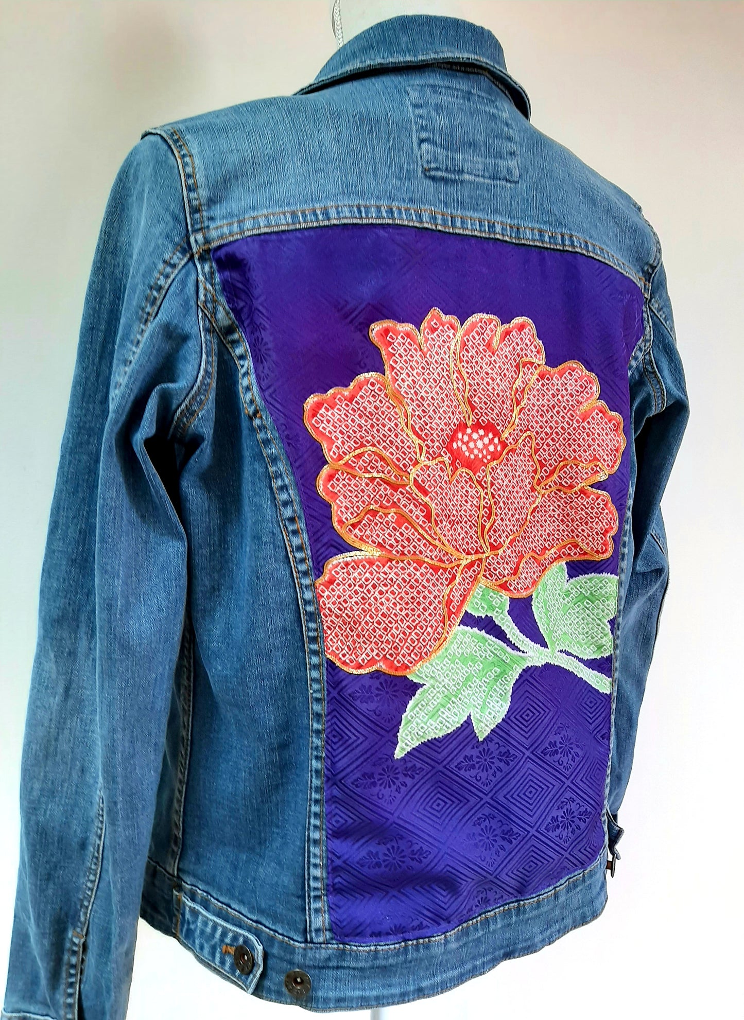 Upcycled Denim jacket with vintage kimono fabrics