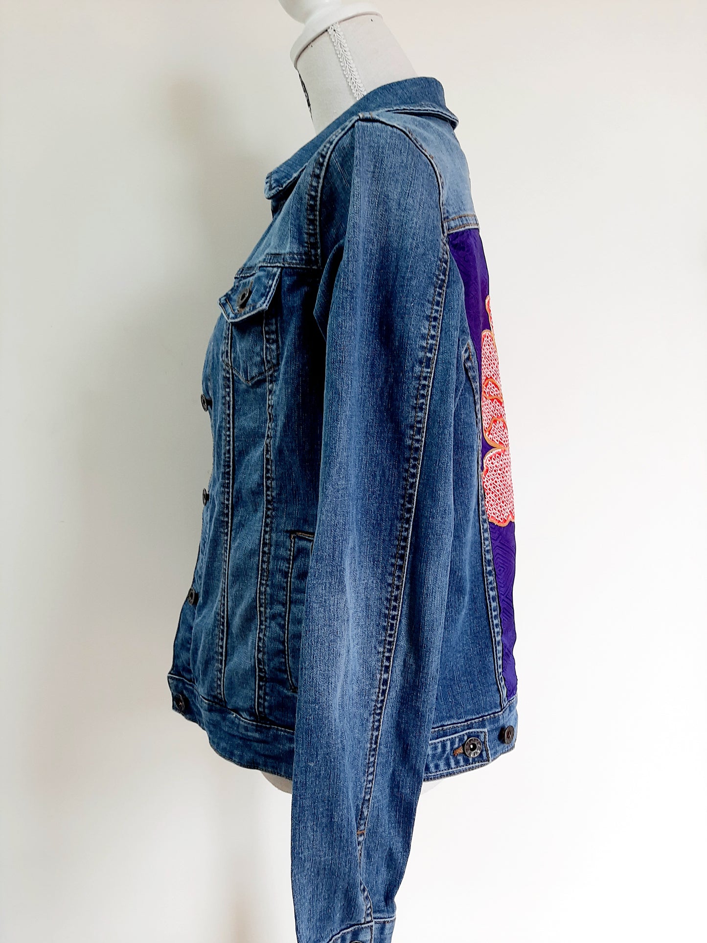 Upcycled Denim jacket with vintage kimono fabrics