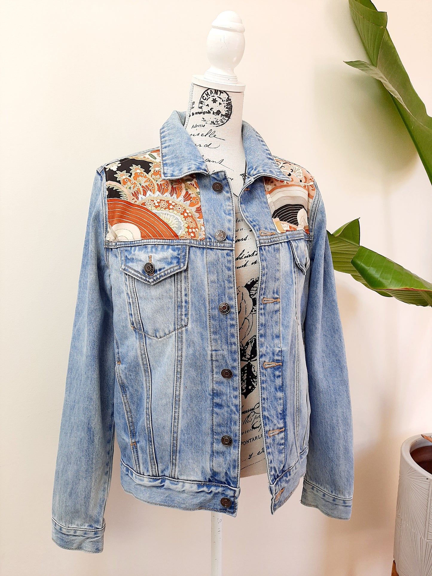 Upcycled Denim jacket with vintage kimono fabrics