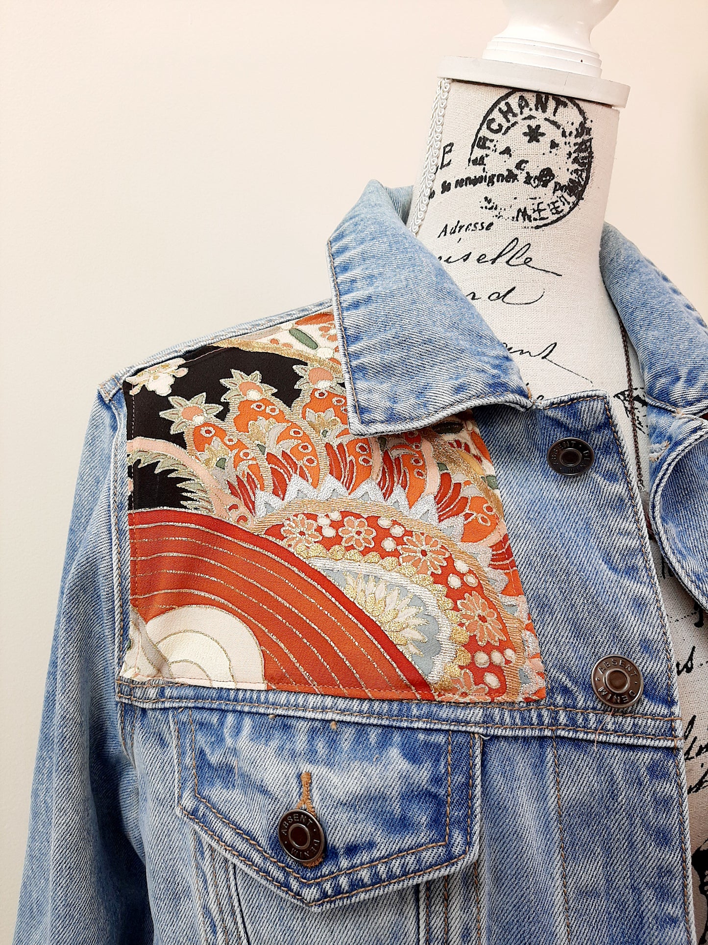 Upcycled Denim jacket with vintage kimono fabrics