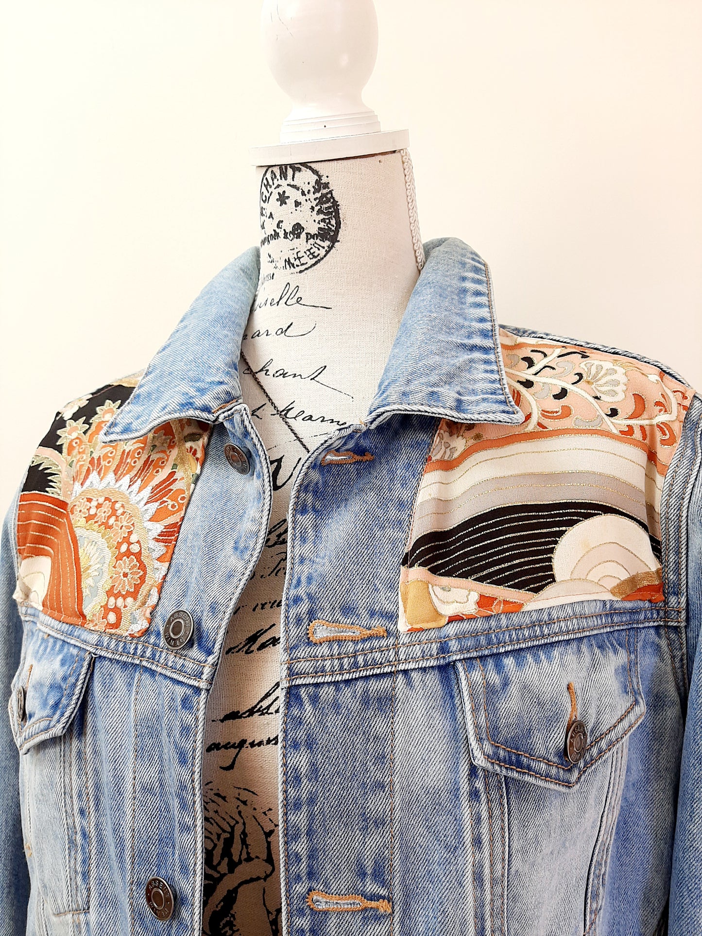 Upcycled Denim jacket with vintage kimono fabrics