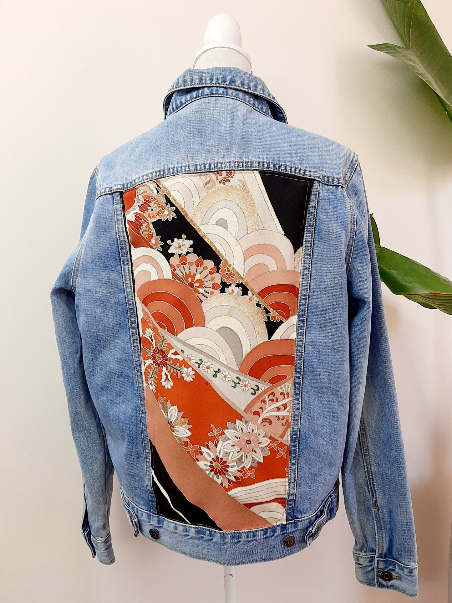 Upcycled Denim jacket with vintage kimono fabrics