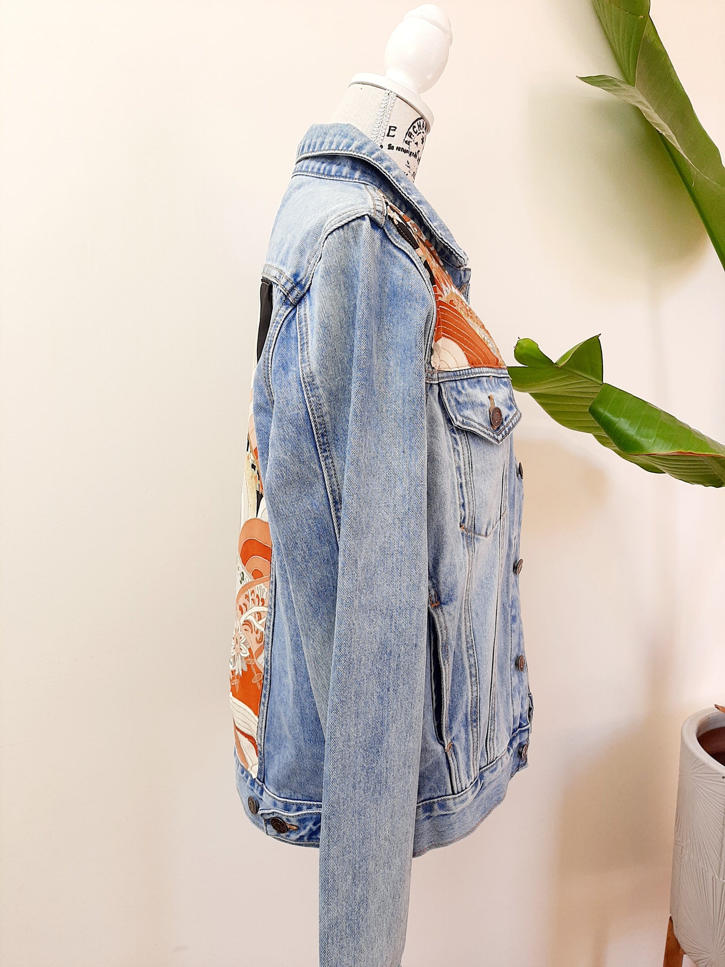 Upcycled Denim jacket with vintage kimono fabrics