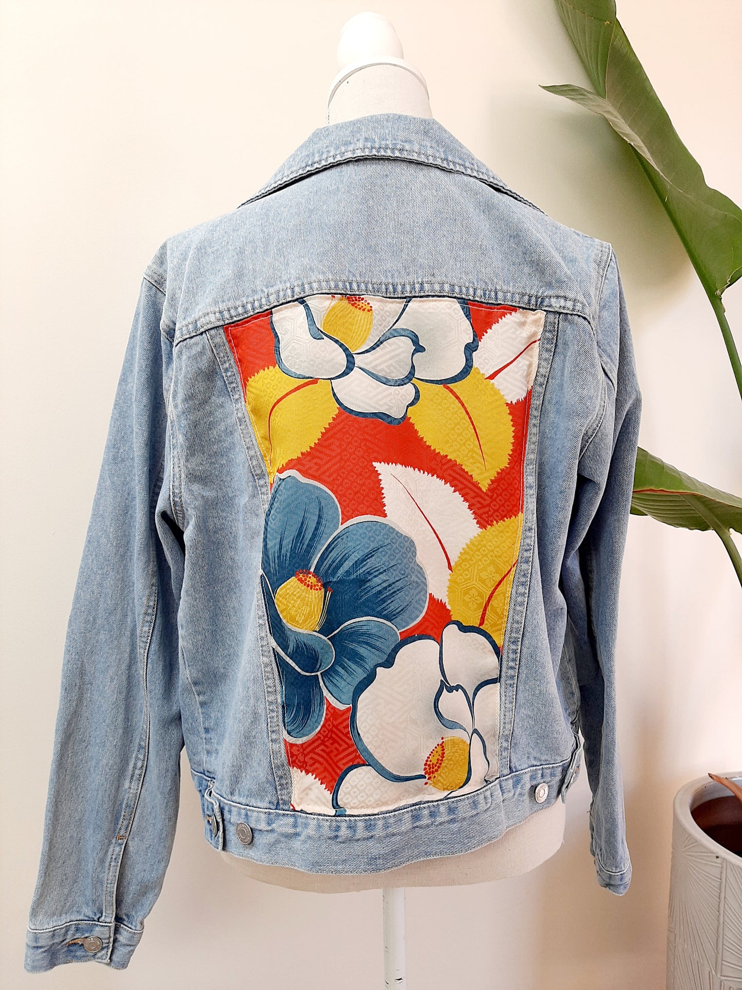 Upcycled Denim jacket with vintage kimono fabrics