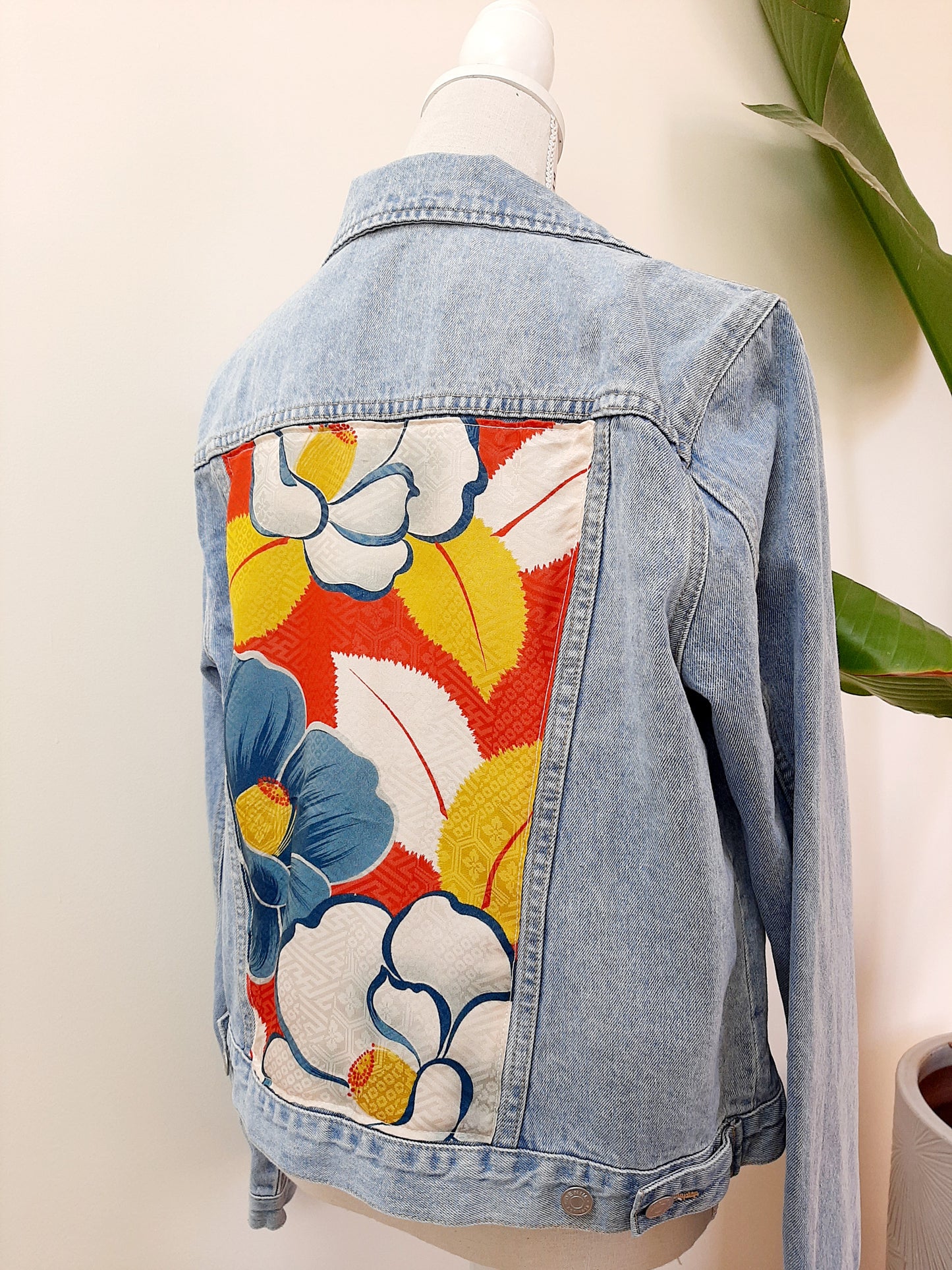 Upcycled Denim jacket with vintage kimono fabrics