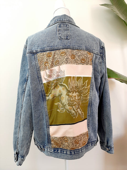 Upcycled Denim jacket with vintage kimono fabrics