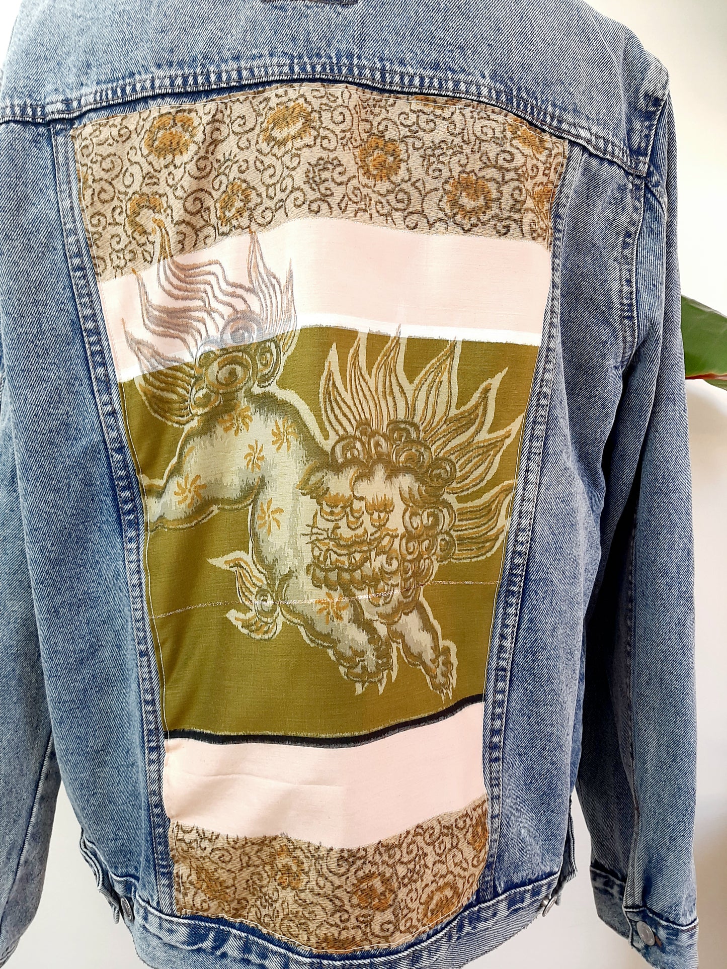 Upcycled Denim jacket with vintage kimono fabrics