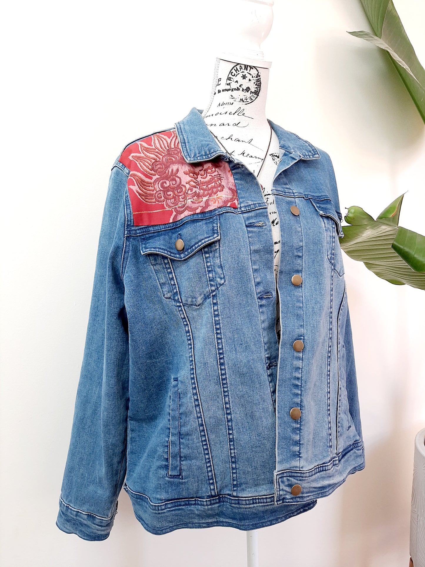 Upcycled Denim jacket with vintage kimono fabrics