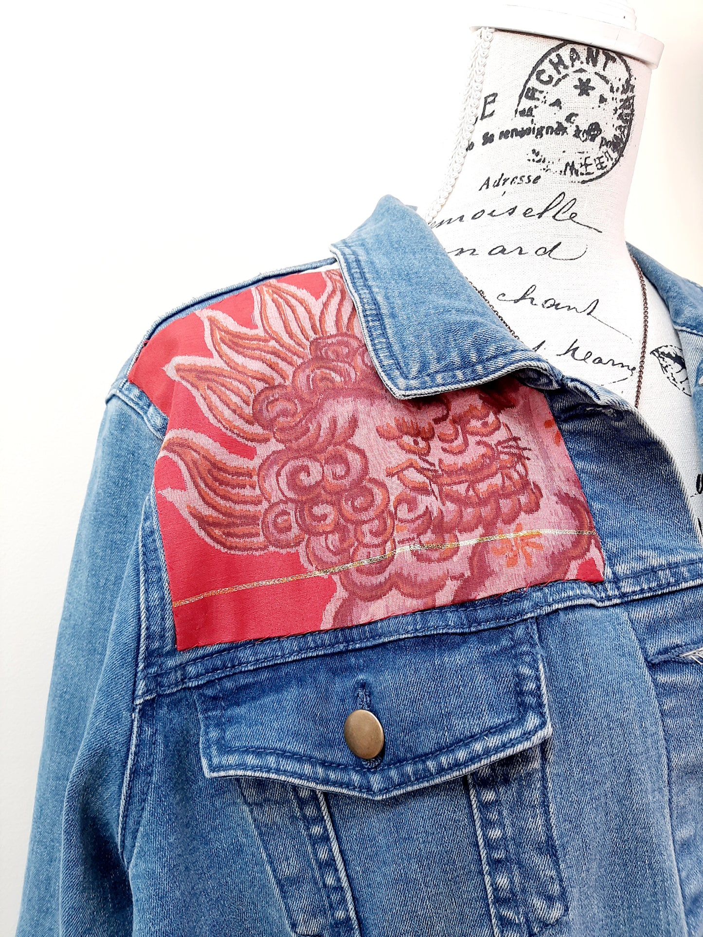 Upcycled Denim jacket with vintage kimono fabrics