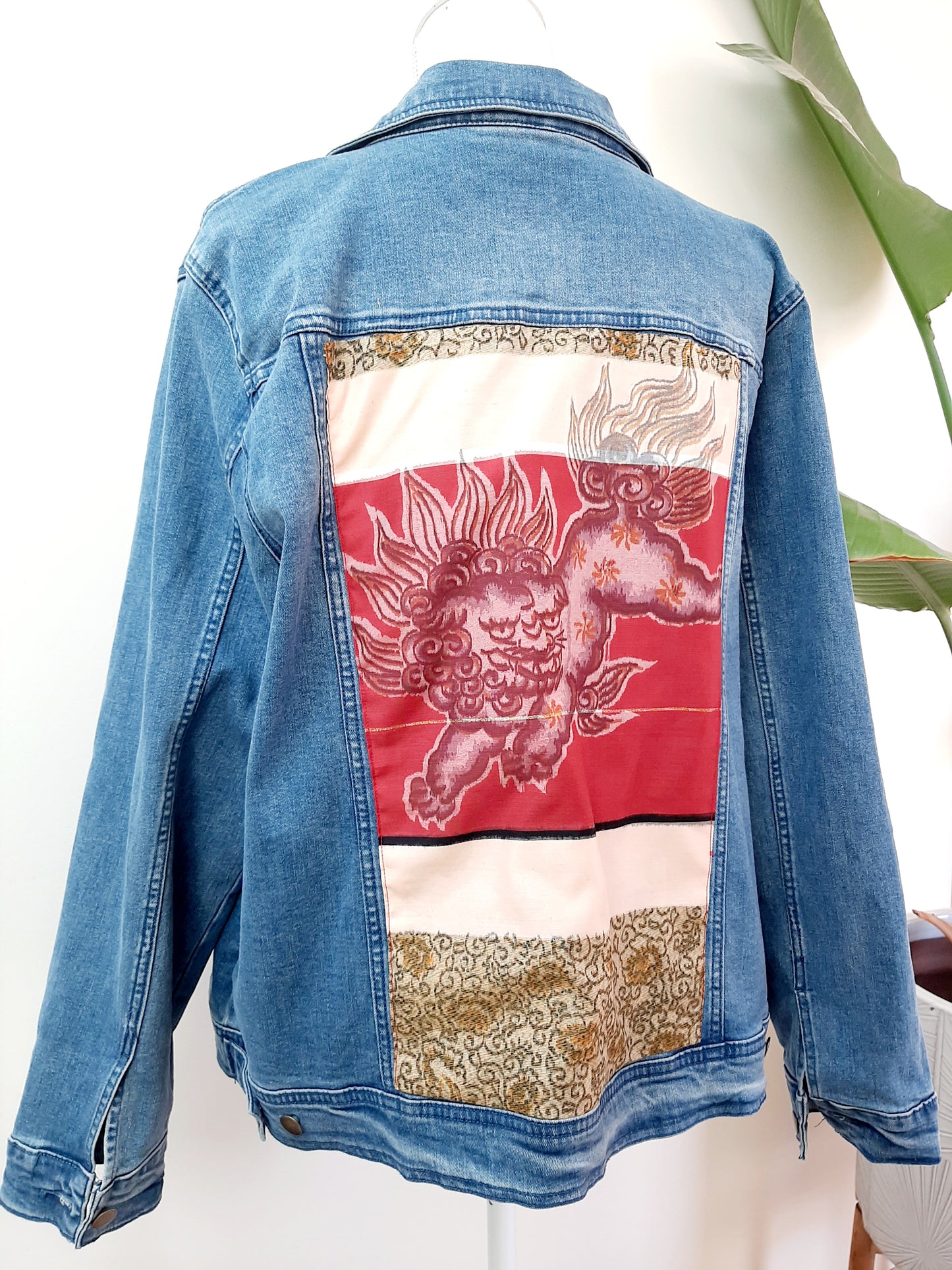 Upcycled Denim jacket with vintage kimono fabrics